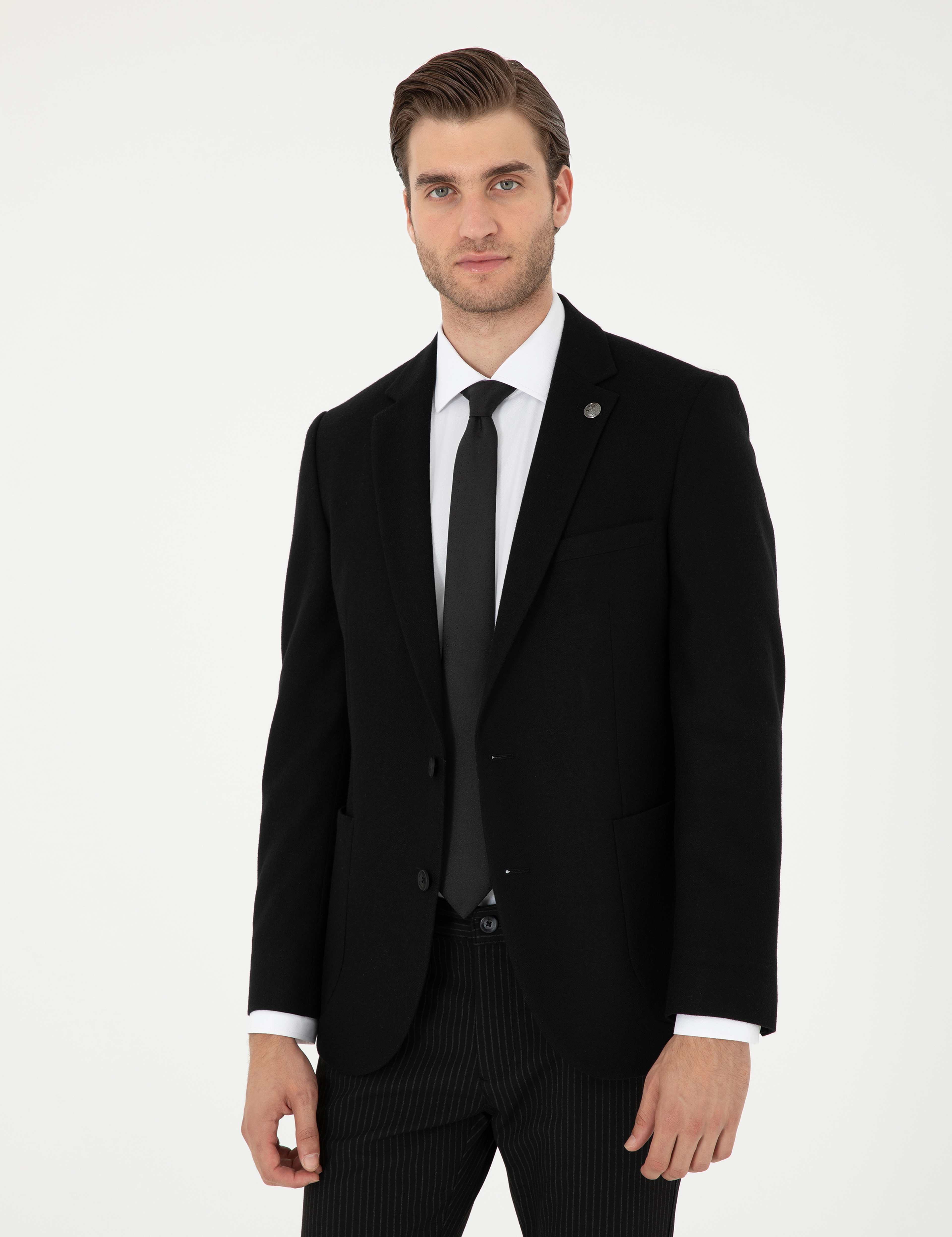 Siyah Yün Karışımlı Ex. Slim Fit Ceket - Image 3