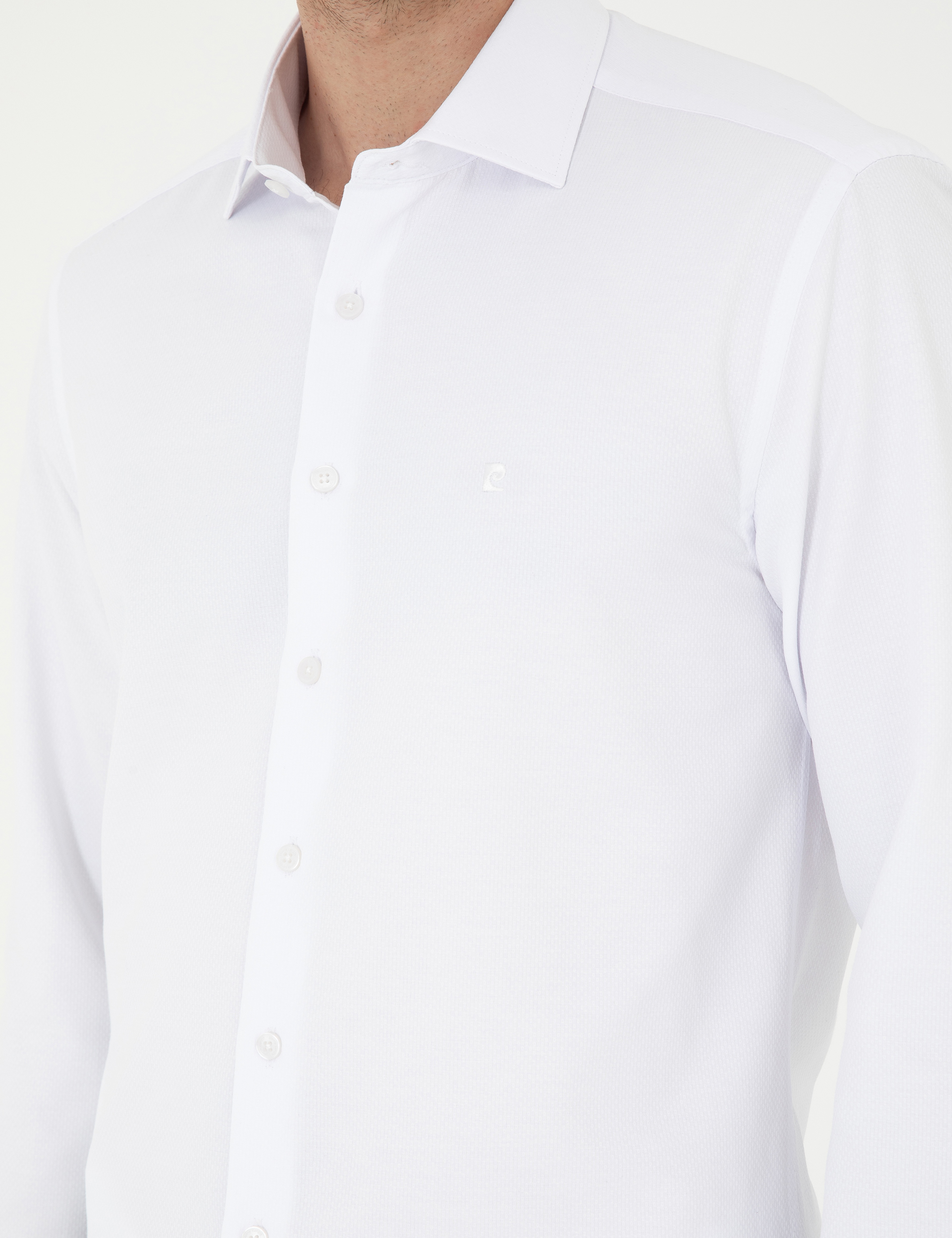 Beyaz Slim Fit Armürlü Uzun Kollu Gömlek - Image 7