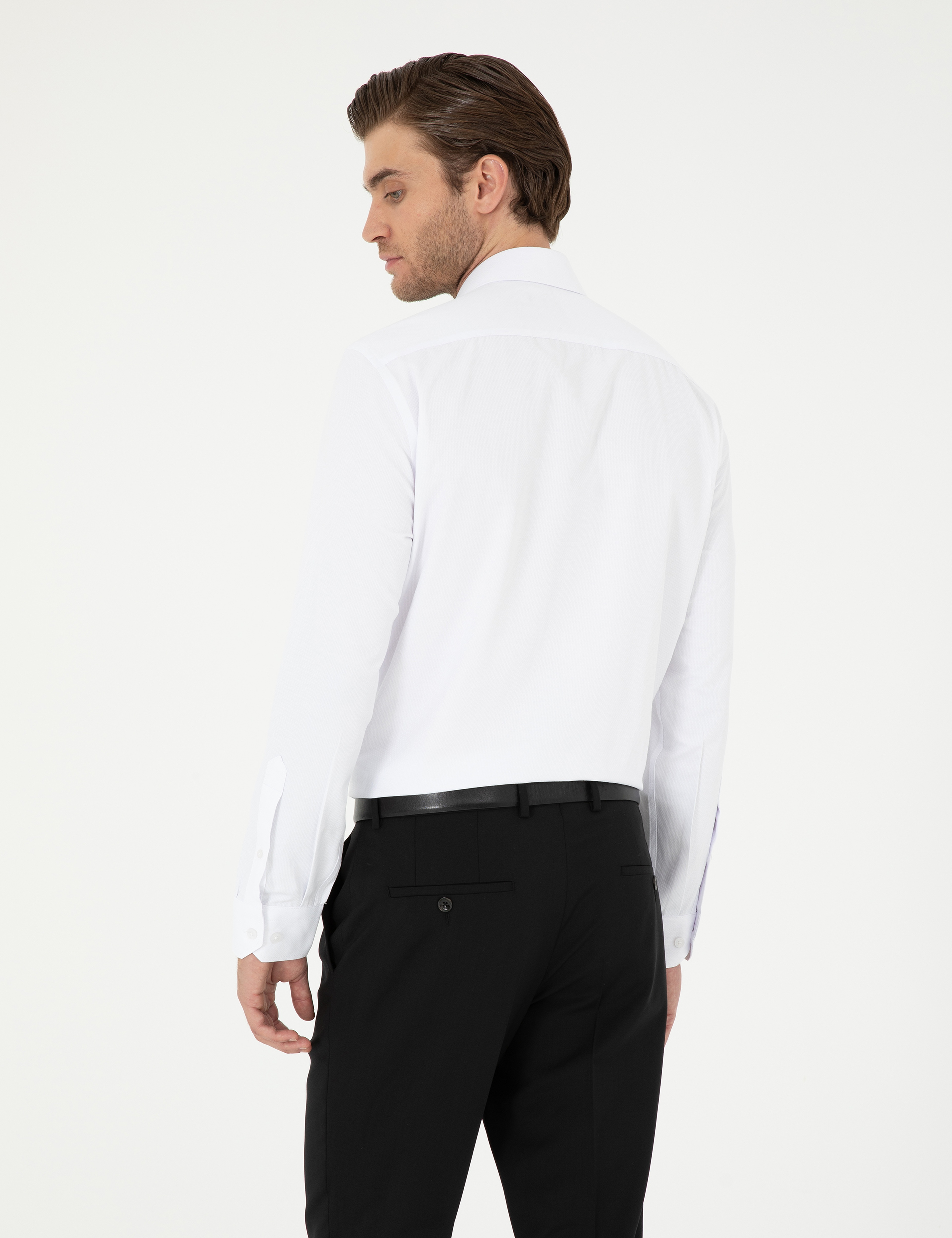 Beyaz Slim Fit Armürlü Uzun Kollu Gömlek - Image 5