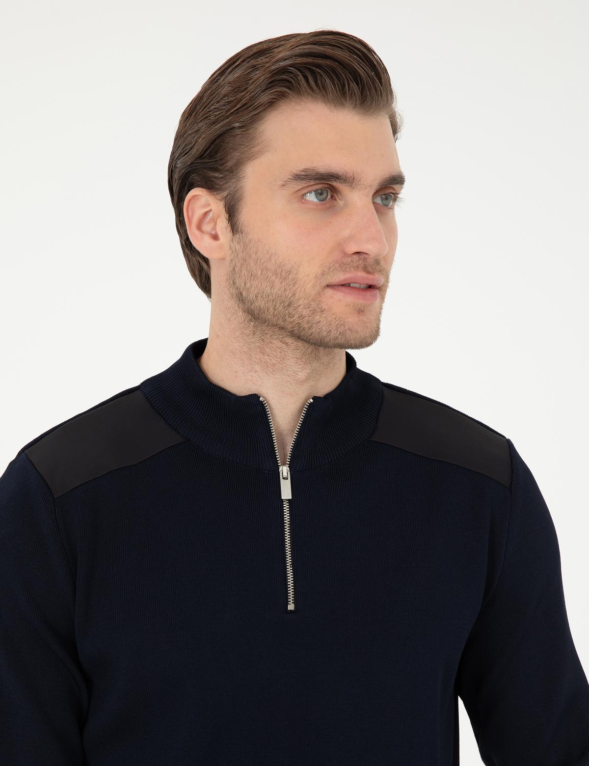 Lacivert Regular Fit Fermuarlı Dik Yaka Triko Kazak - 50296417013