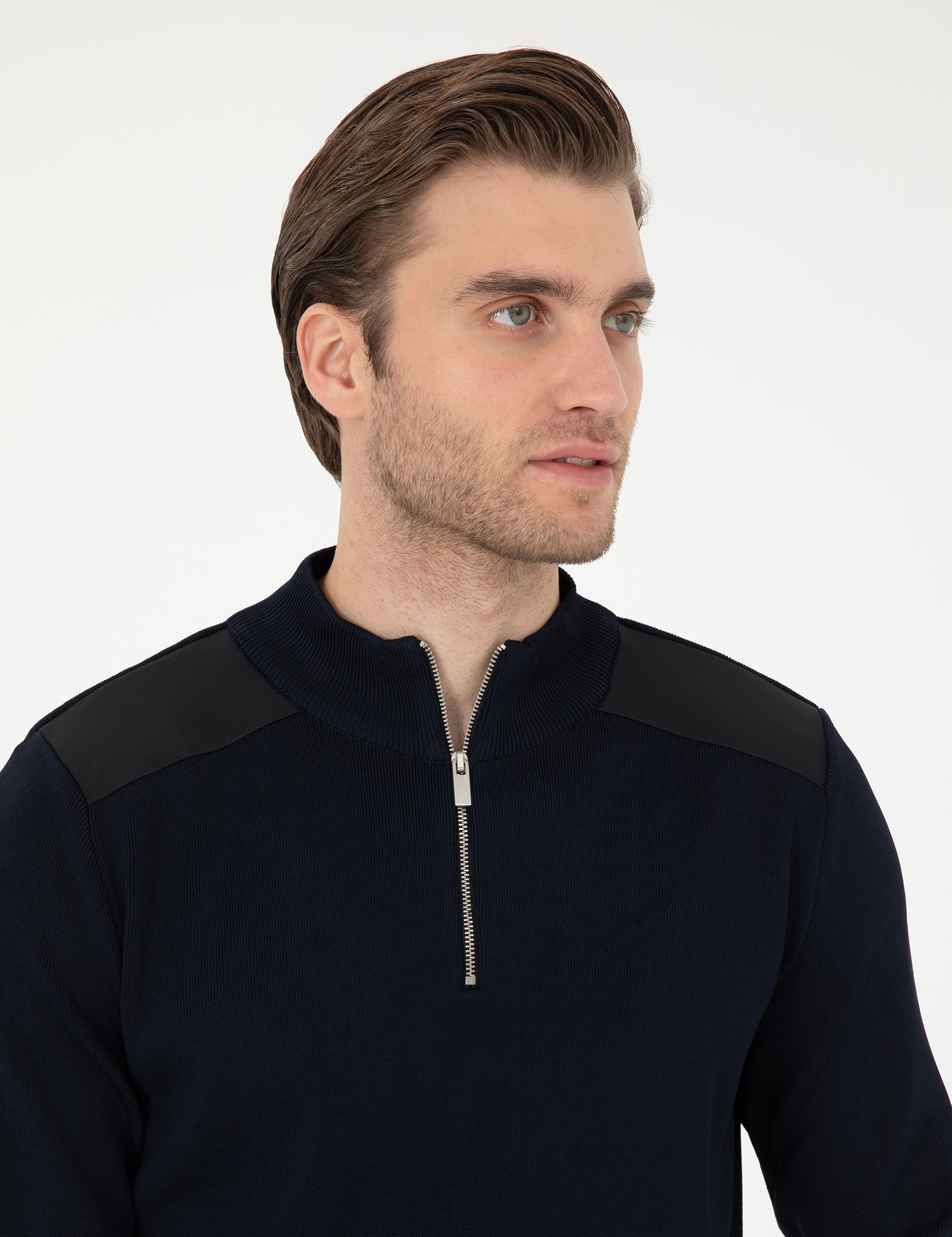 Lacivert Regular Fit Fermuarlı Dik Yaka Triko Kazak - Image 2