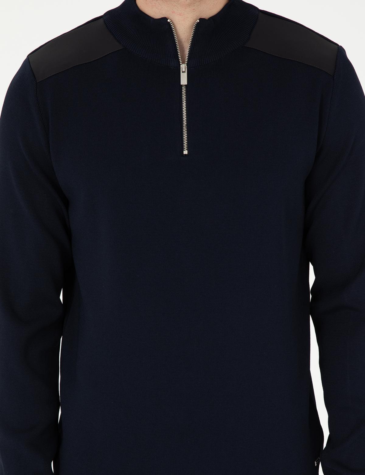 Lacivert Regular Fit Fermuarlı Dik Yaka Triko Kazak - 50296417013