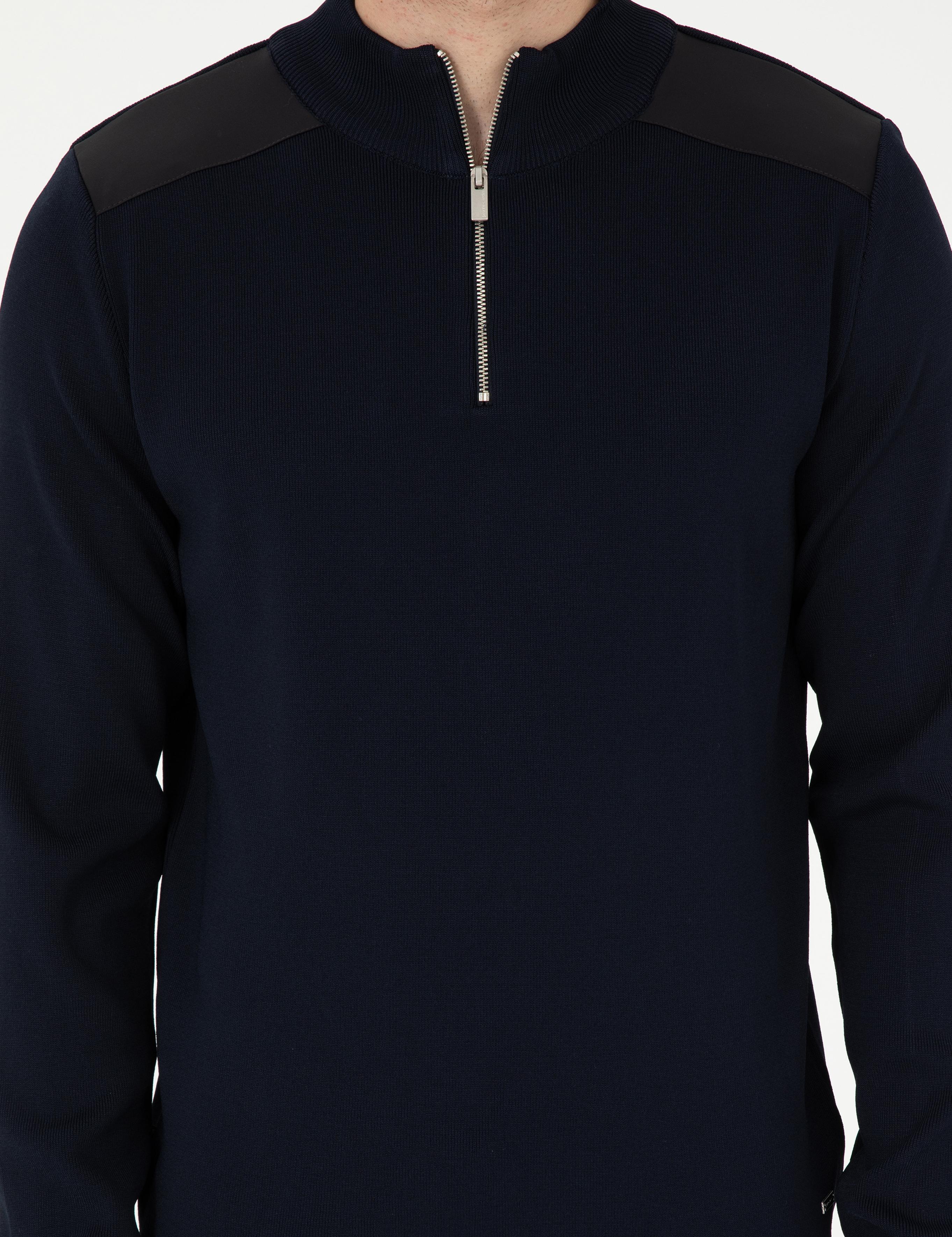 Lacivert Regular Fit Fermuarlı Dik Yaka Triko Kazak
