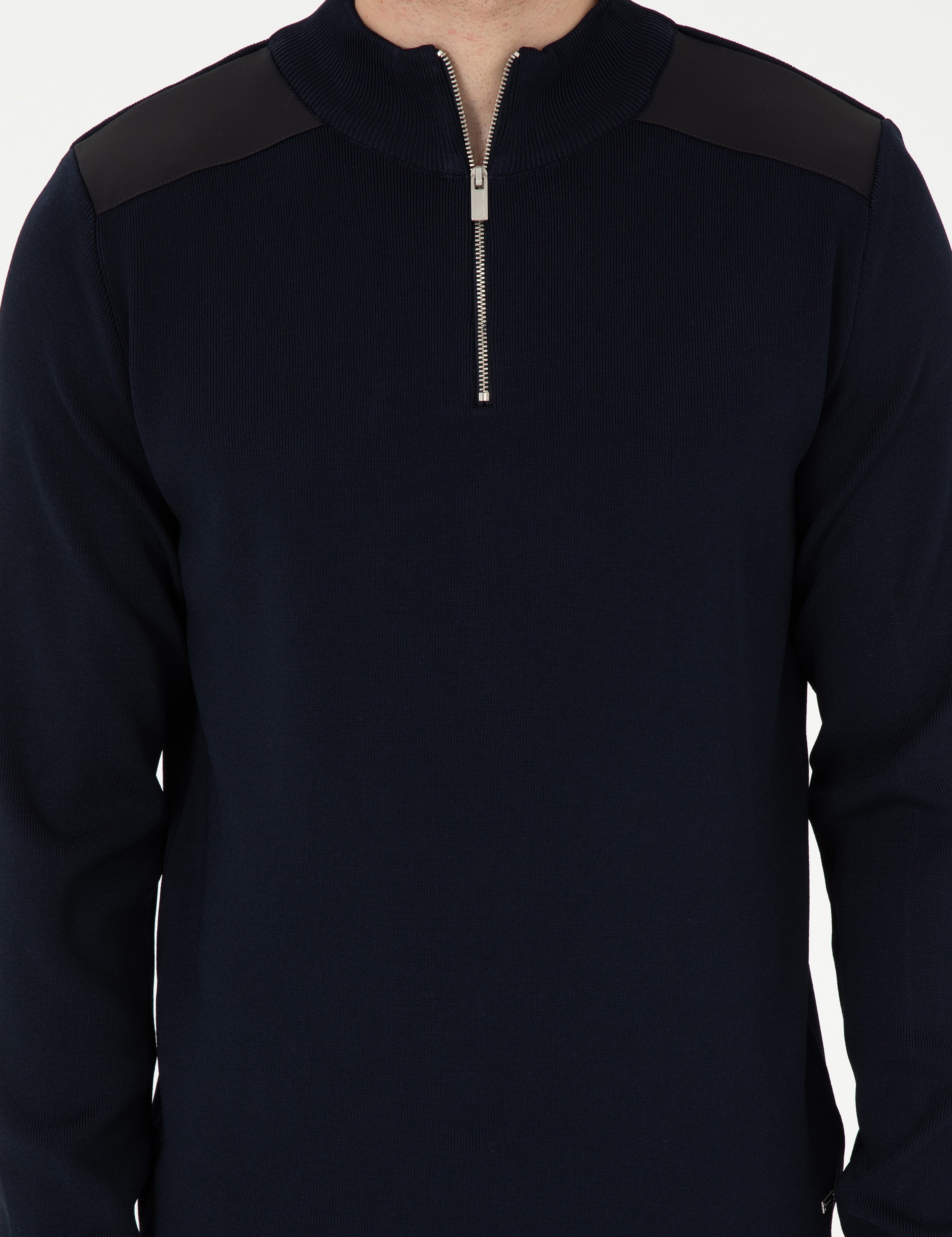 Lacivert Regular Fit Fermuarlı Dik Yaka Triko Kazak - Image 6