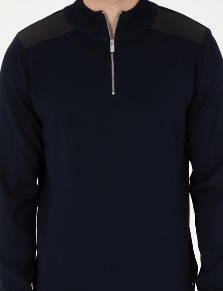 Lacivert Regular Fit Fermuarlı Dik Yaka Triko Kazak - 50296417013