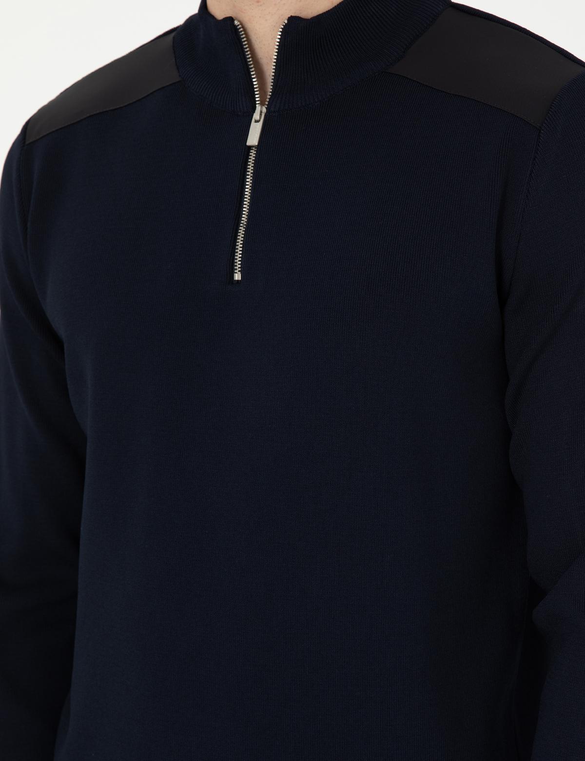 Lacivert Regular Fit Fermuarlı Dik Yaka Triko Kazak - 50296417013