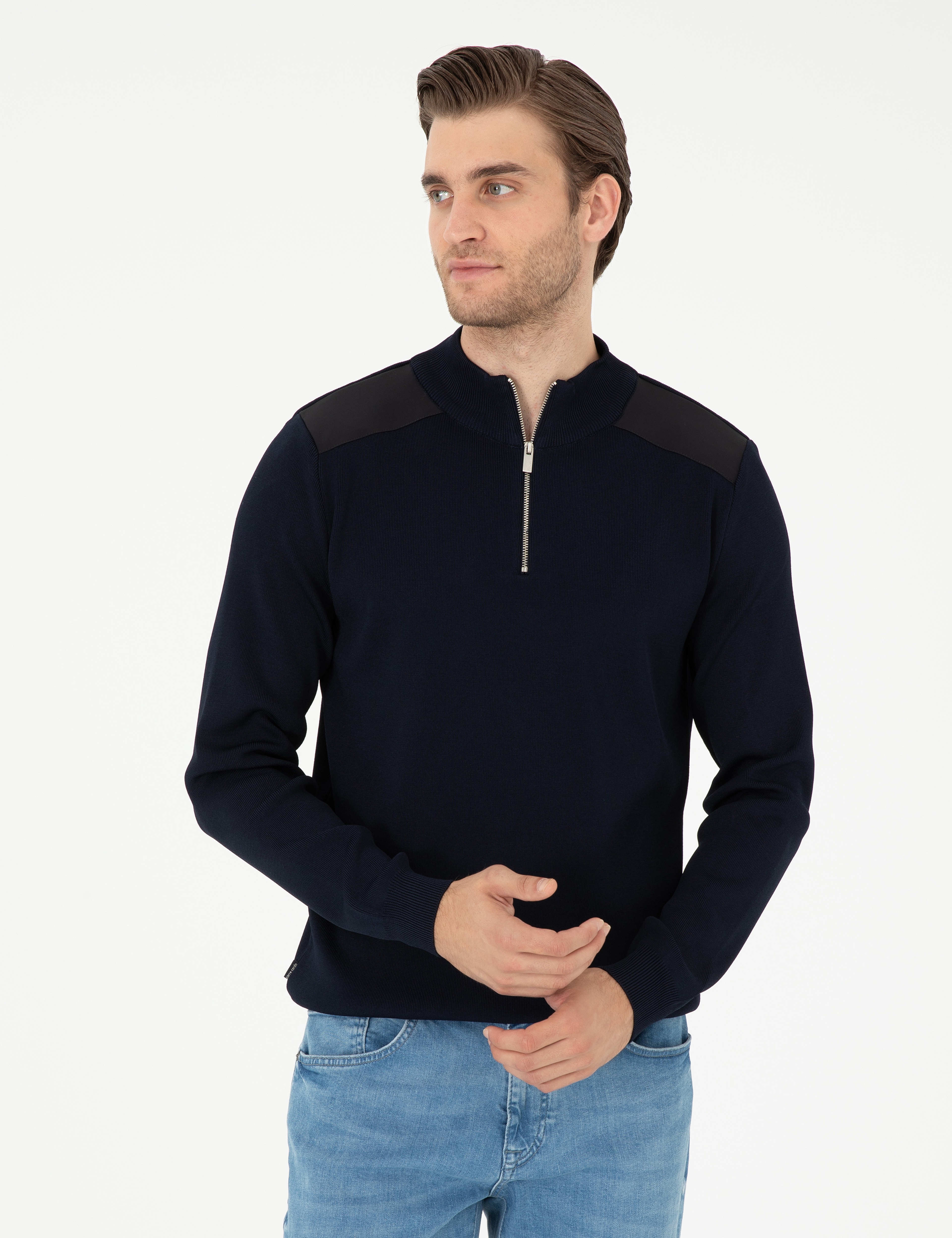 Lacivert Regular Fit Fermuarlı Dik Yaka Triko Kazak - Image 1
