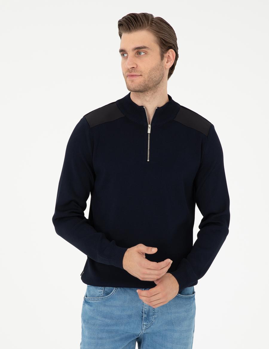 Lacivert Regular Fit Fermuarlı Dik Yaka Triko Kazak