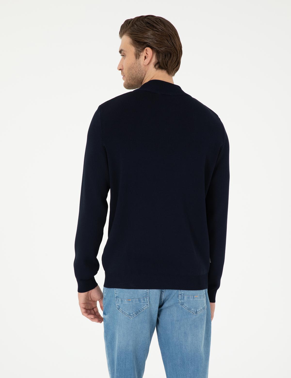 Lacivert Regular Fit Fermuarlı Dik Yaka Triko Kazak - 50296417013