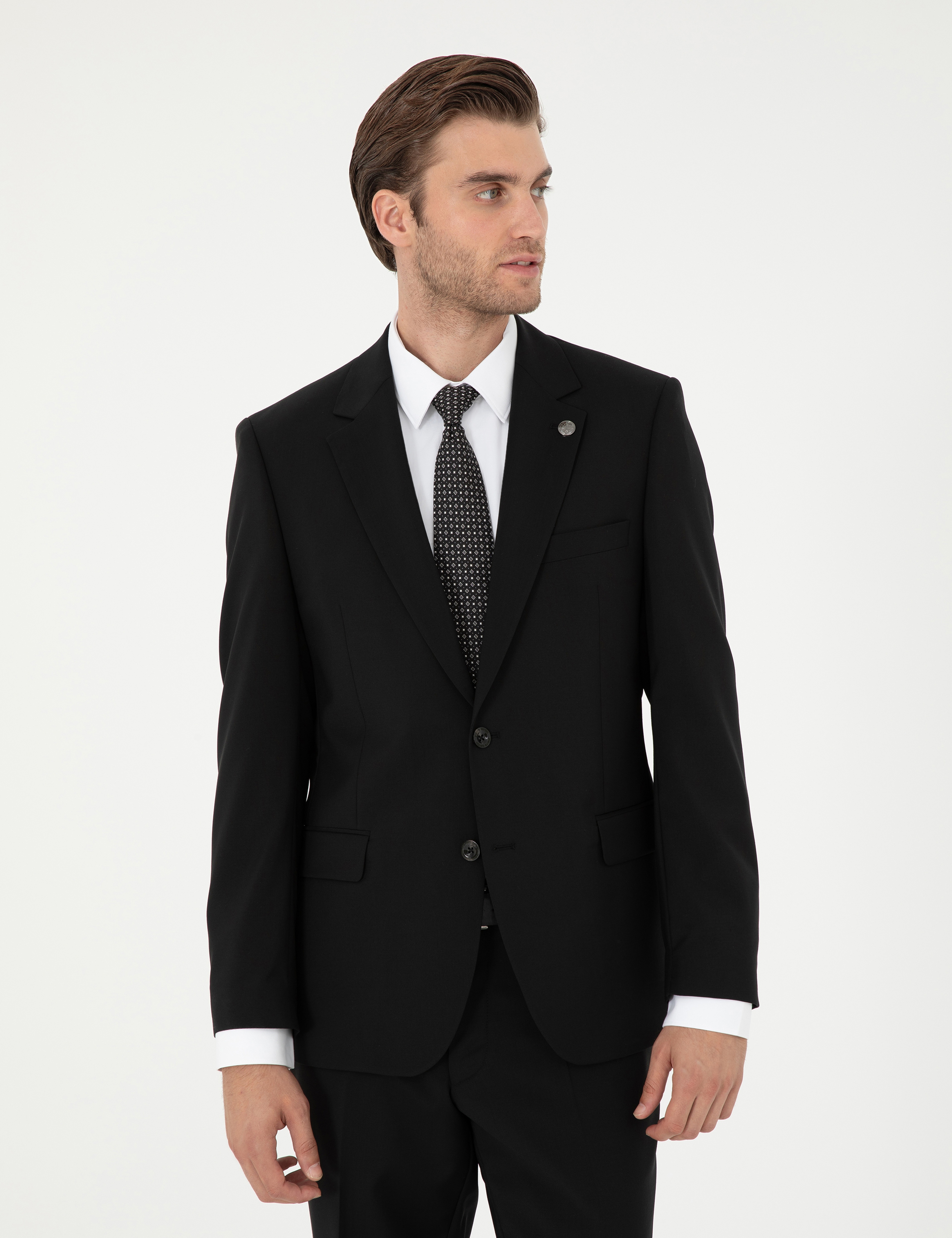 Siyah Slim Fit Yün Takım Elbise - Image 3