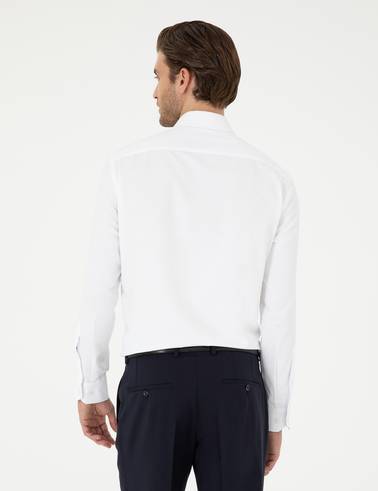 Beyaz Slim Fit Armürlü Uzun Kollu Gömlek
