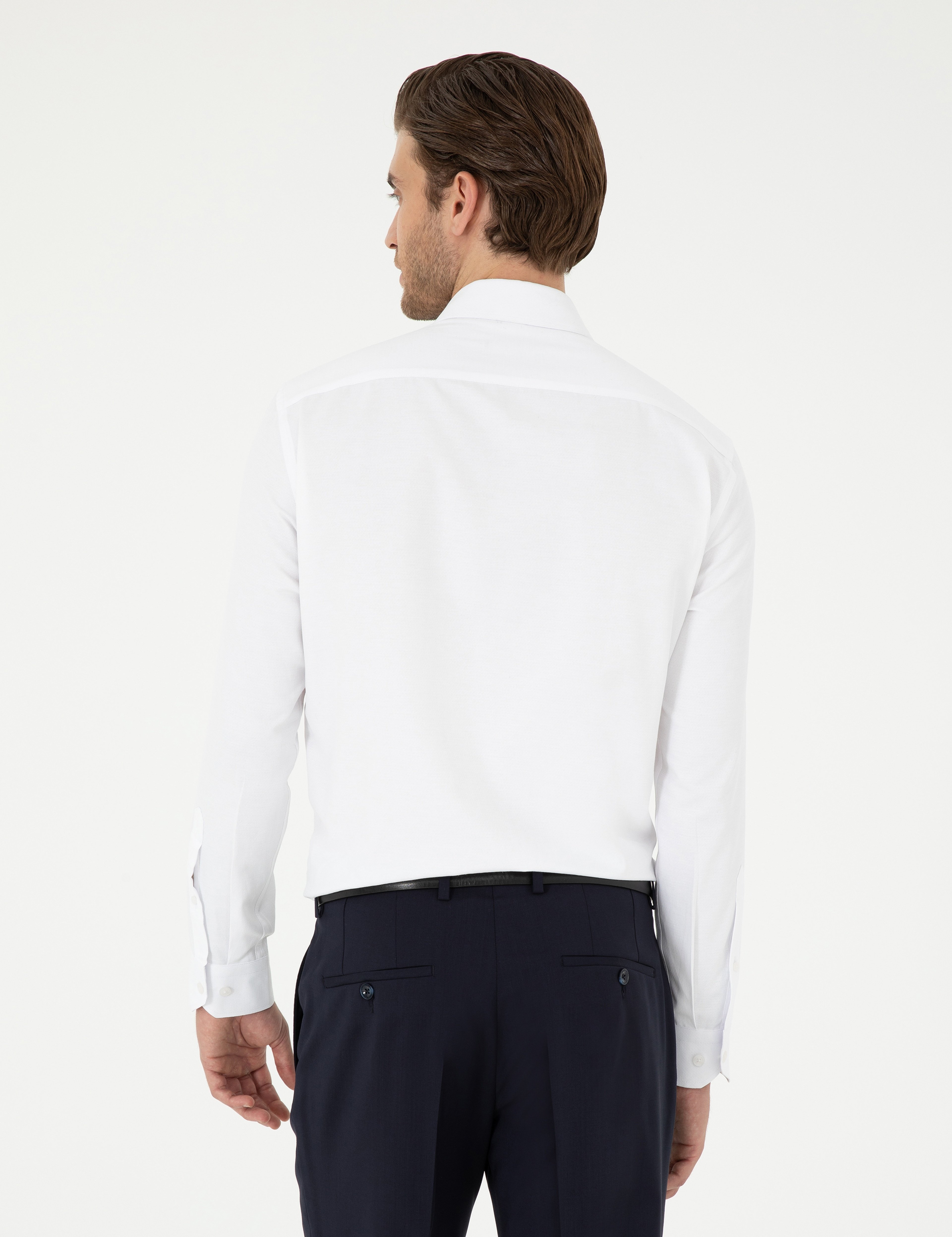 Beyaz Slim Fit Armürlü Uzun Kollu Gömlek - Image 5