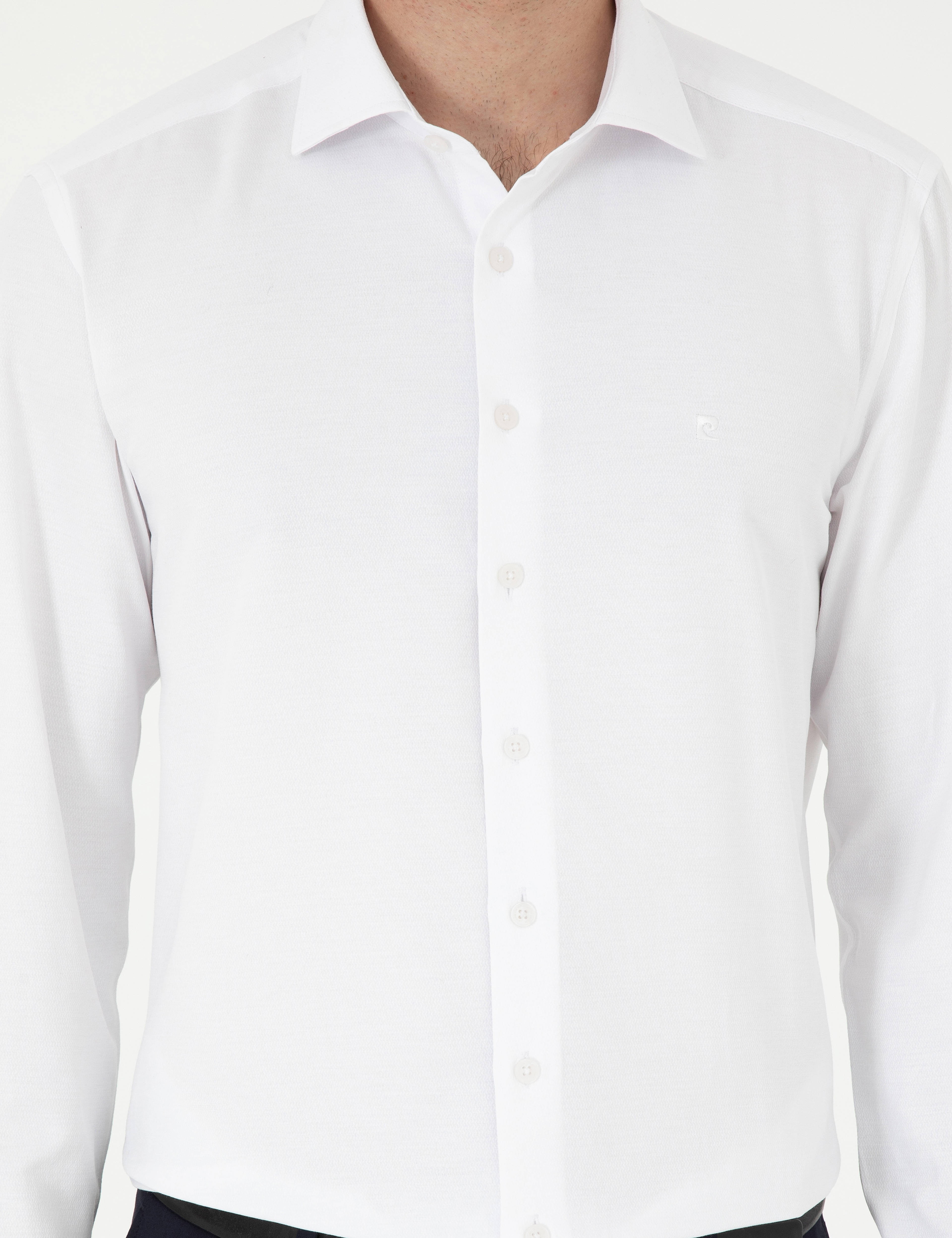Beyaz Slim Fit Armürlü Uzun Kollu Gömlek - Image 6