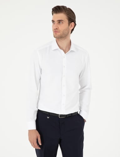 Beyaz Slim Fit Armürlü Uzun Kollu Gömlek