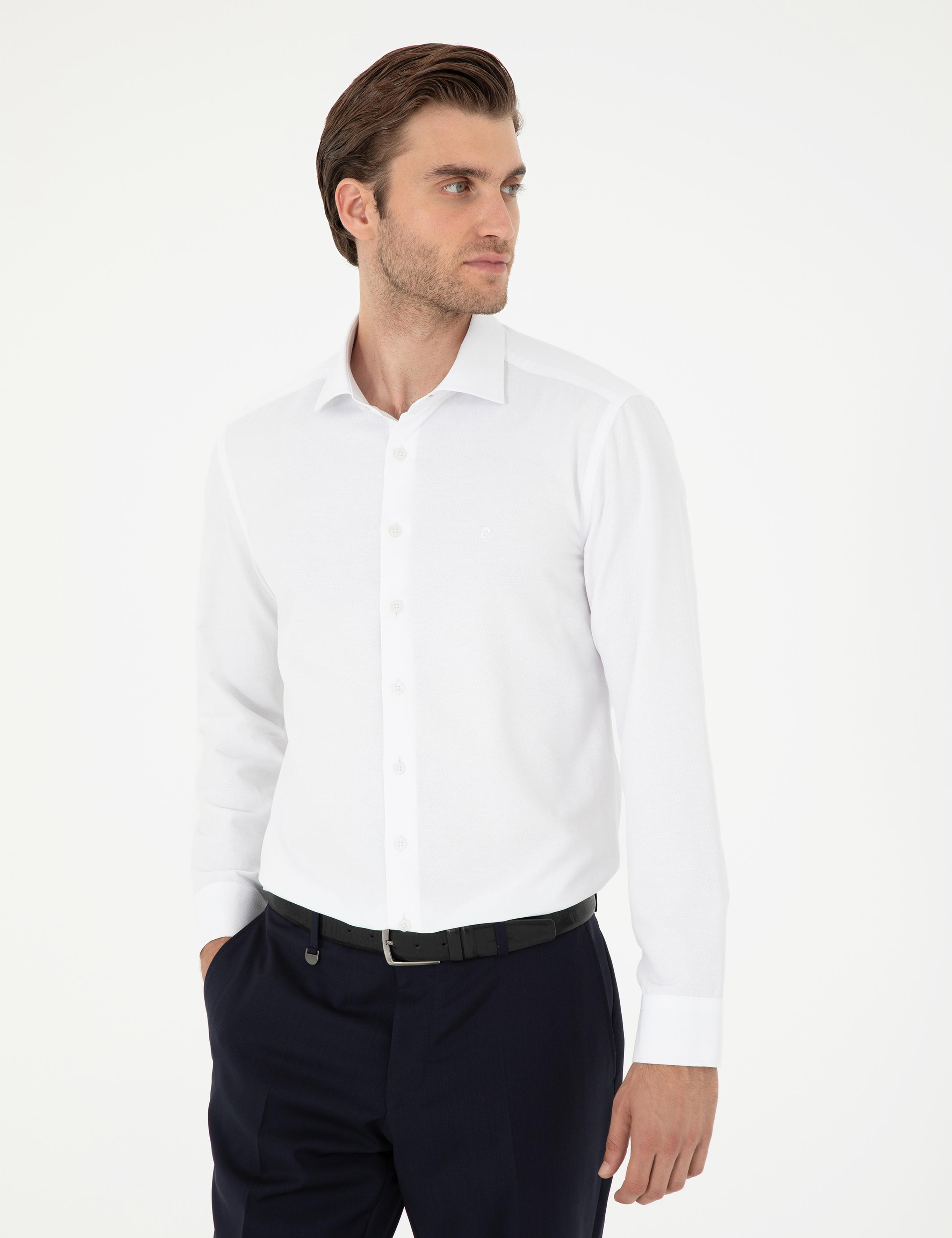 Beyaz Slim Fit Armürlü Uzun Kollu Gömlek