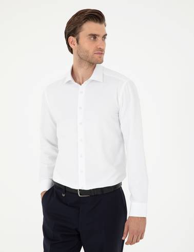 Beyaz Slim Fit Armürlü Uzun Kollu Gömlek