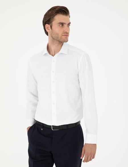 Beyaz Slim Fit Armürlü Uzun Kollu Gömlek - 50296573007