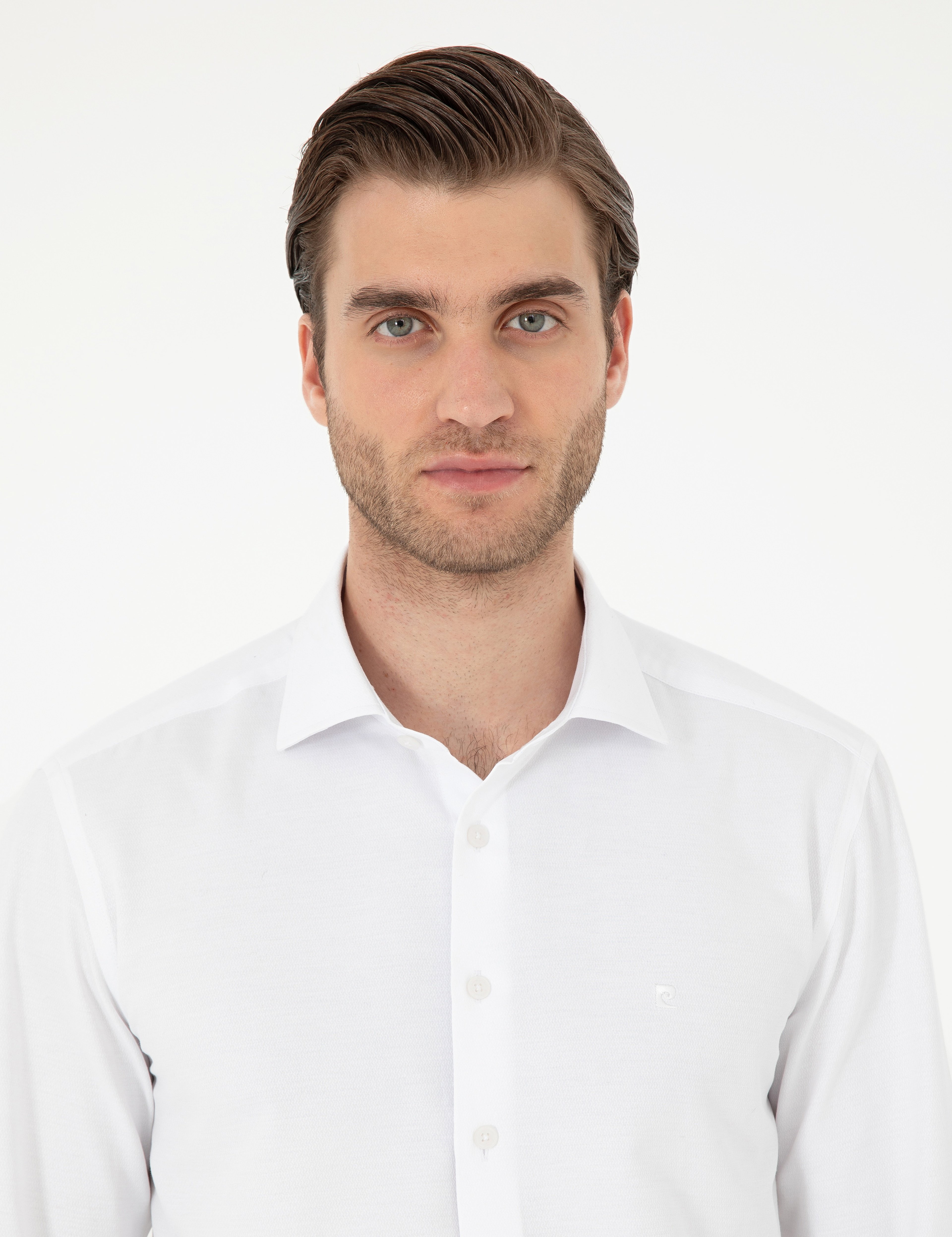Beyaz Slim Fit Armürlü Uzun Kollu Gömlek