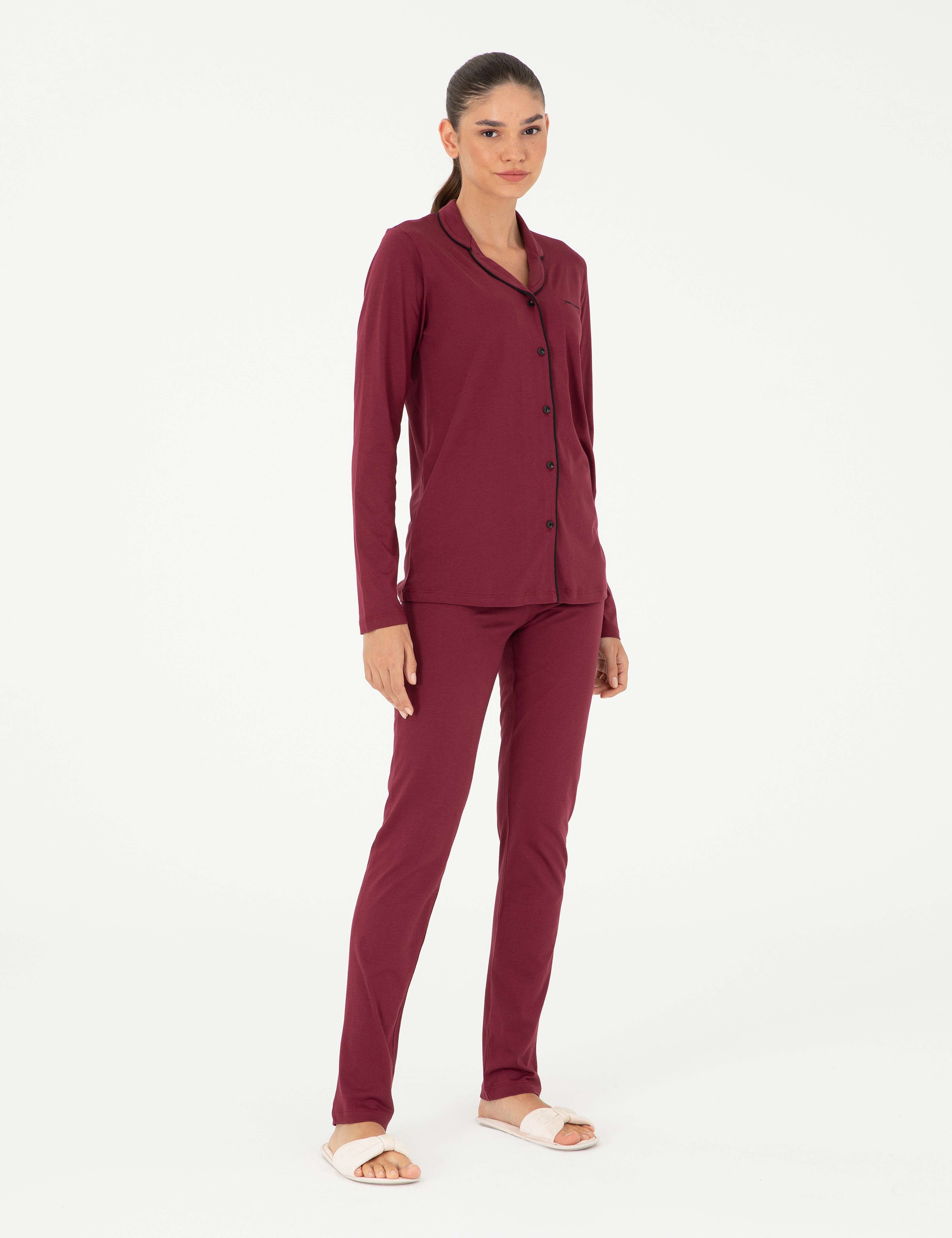 Bordo Düğmeli Pijama Takımı