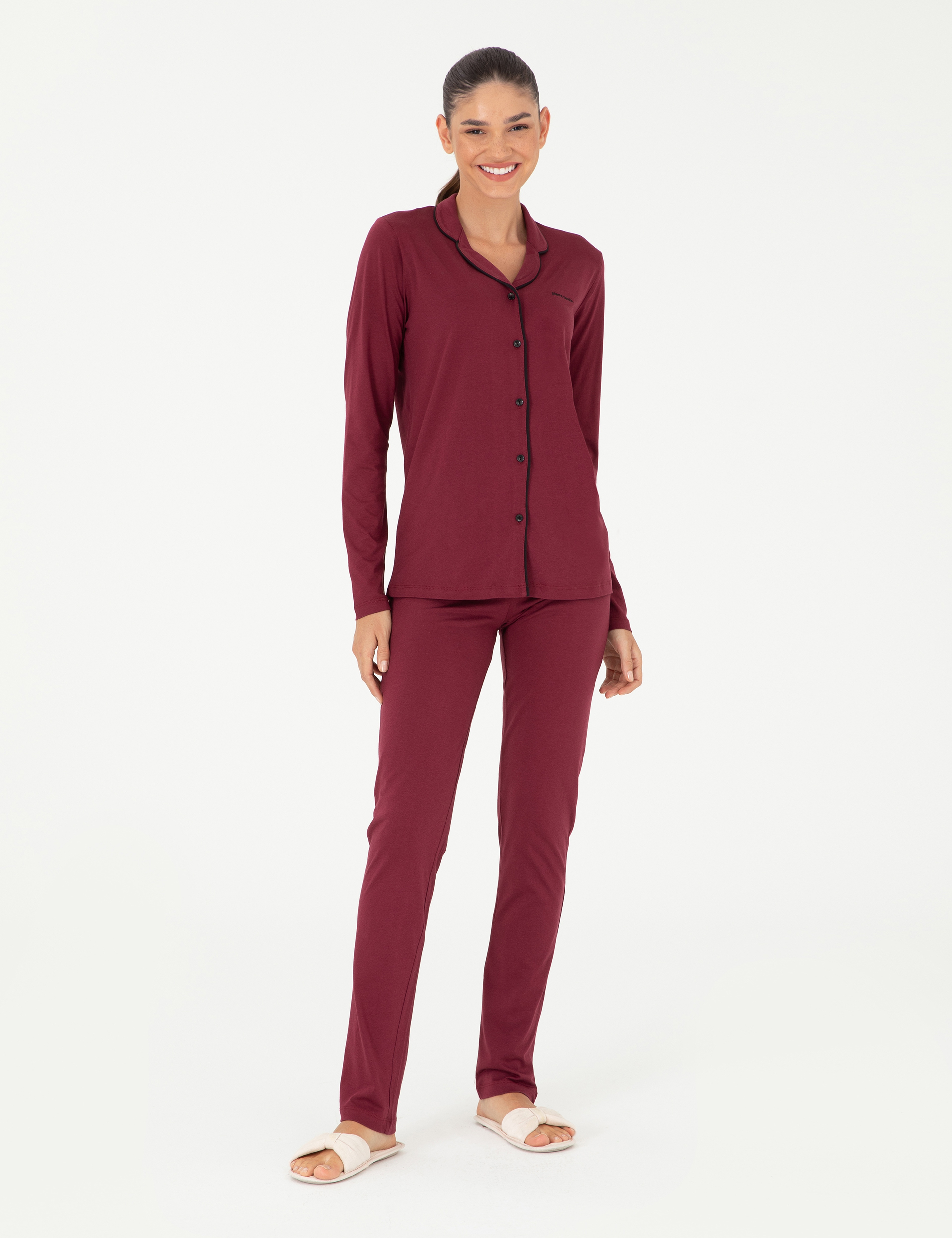Bordo Düğmeli Pijama Takımı