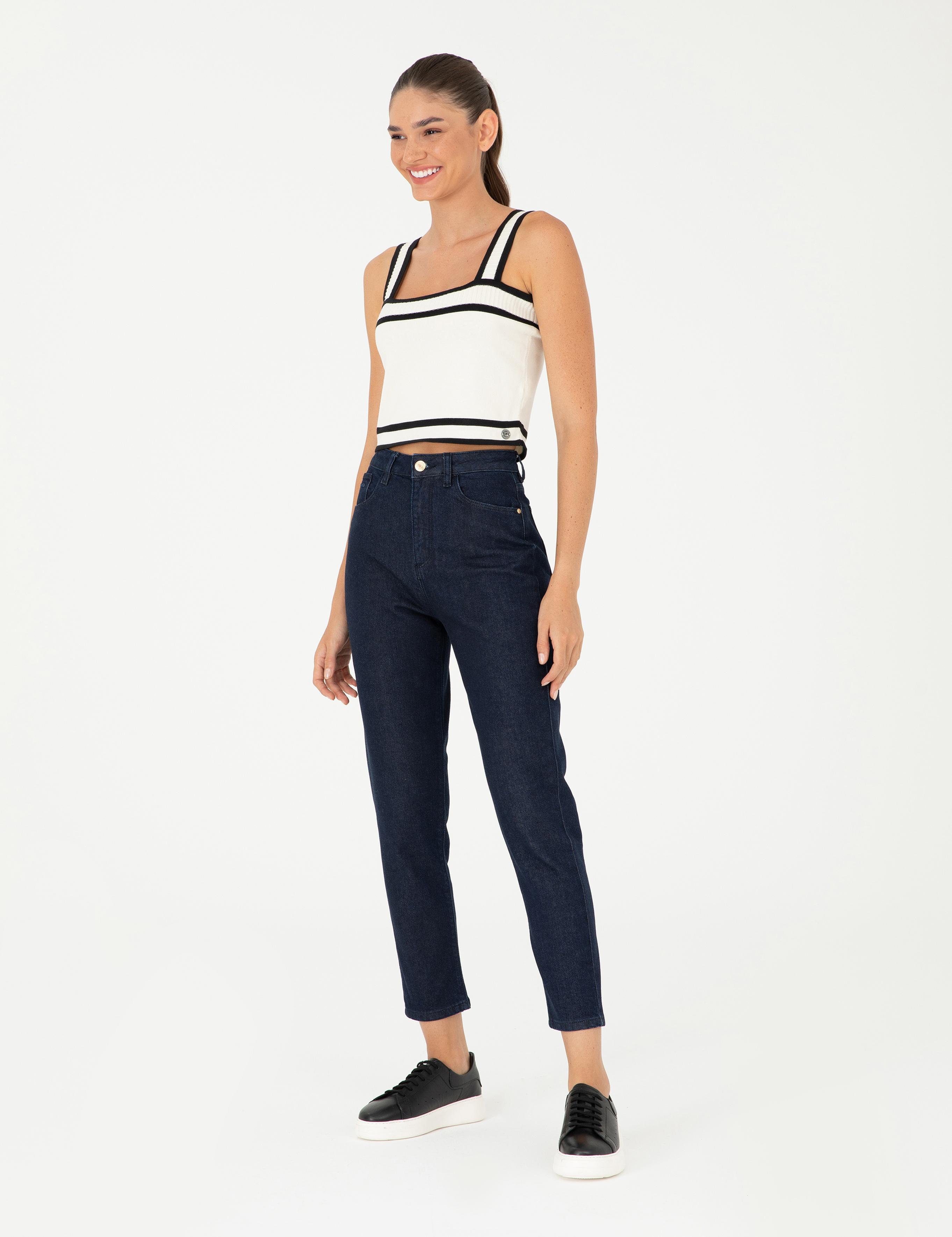 Koyu İndigo Mom Fit Jean Pantolon