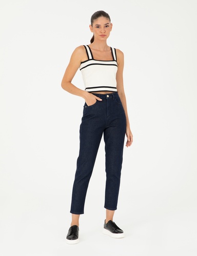 Koyu İndigo Mom Fit Jean Pantolon
