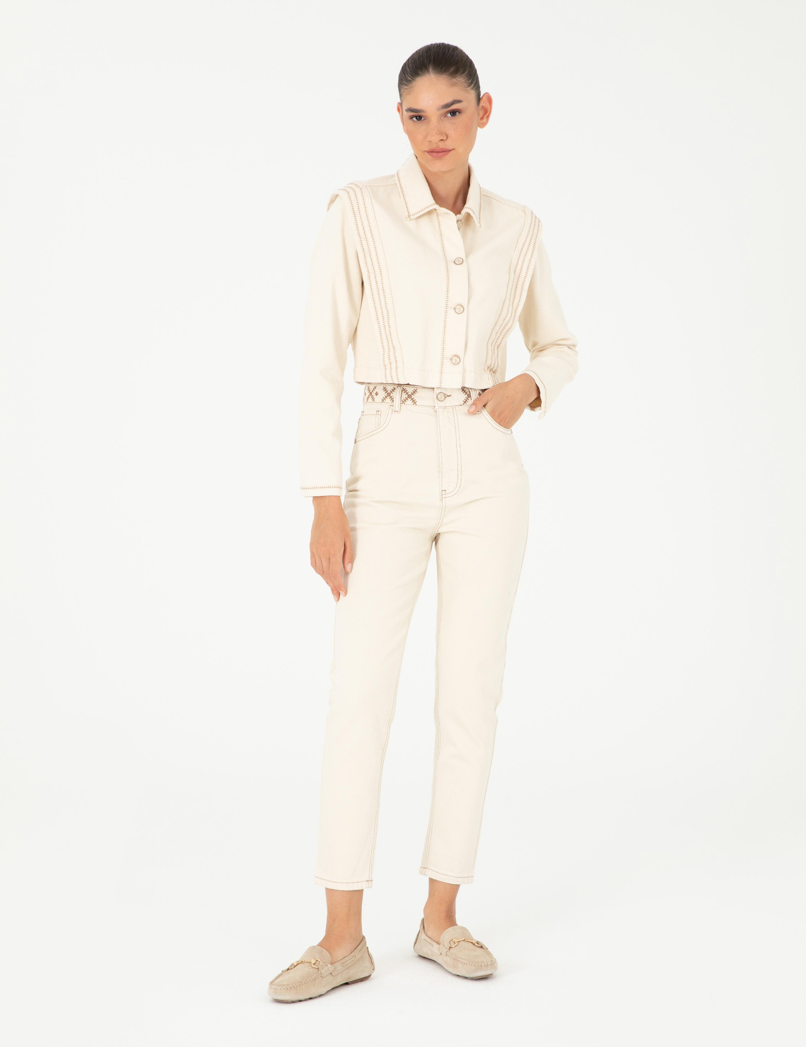 Ekru Mom High Waist Fit Jean Pantolon