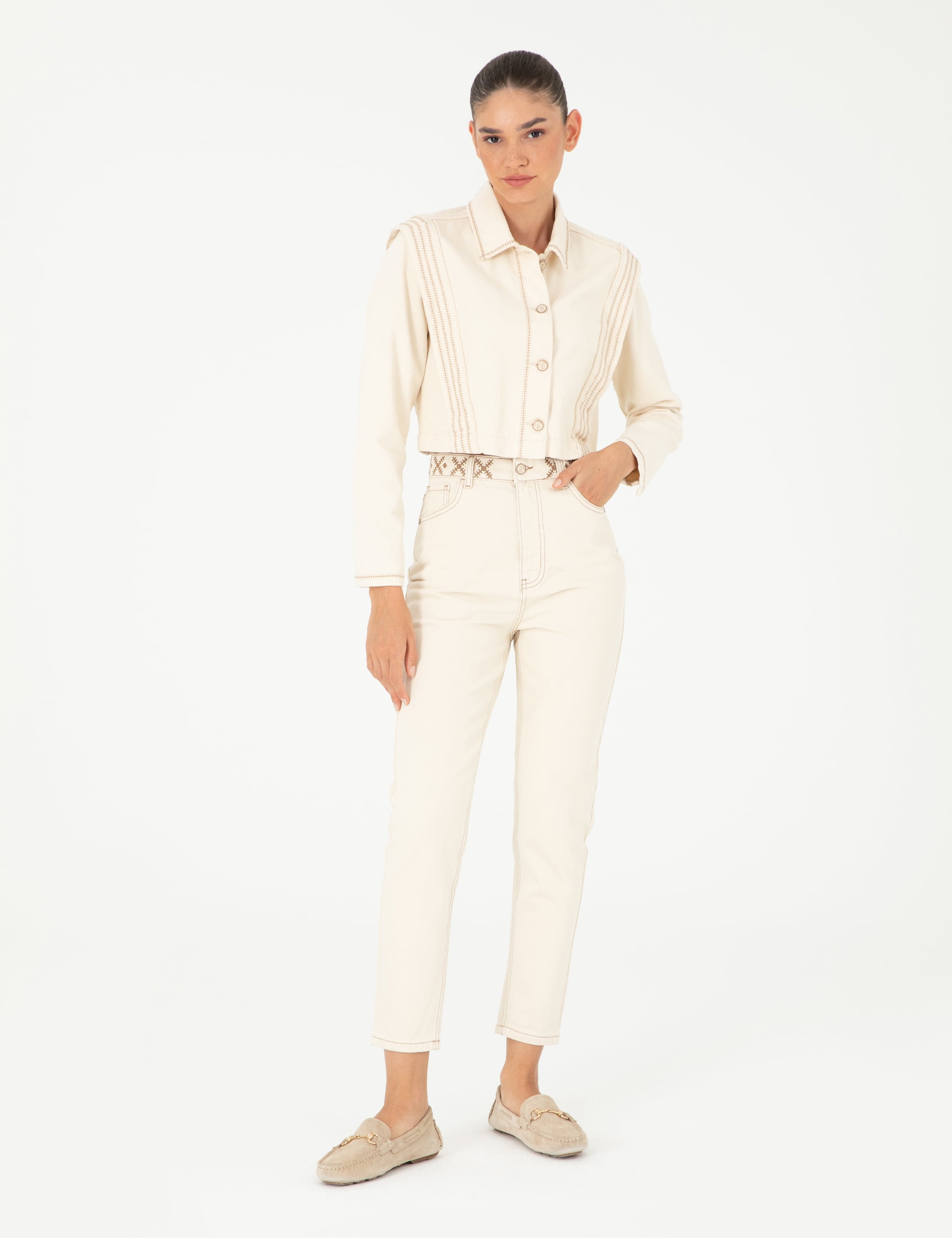 Ekru Mom High Waist Fit Jean Pantolon - Image 3