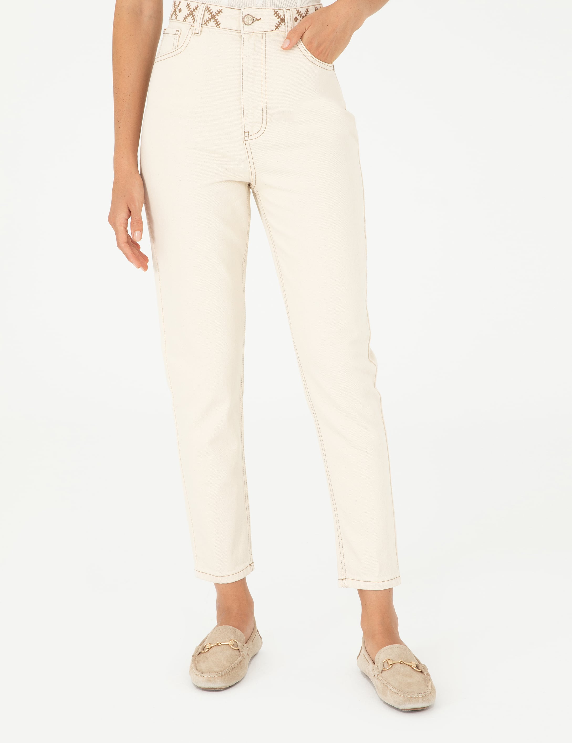 Ekru Mom High Waist Fit Jean Pantolon