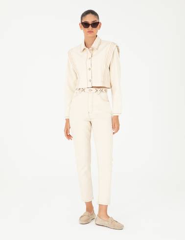 Ekru Mom High Waist Fit Jean Pantolon