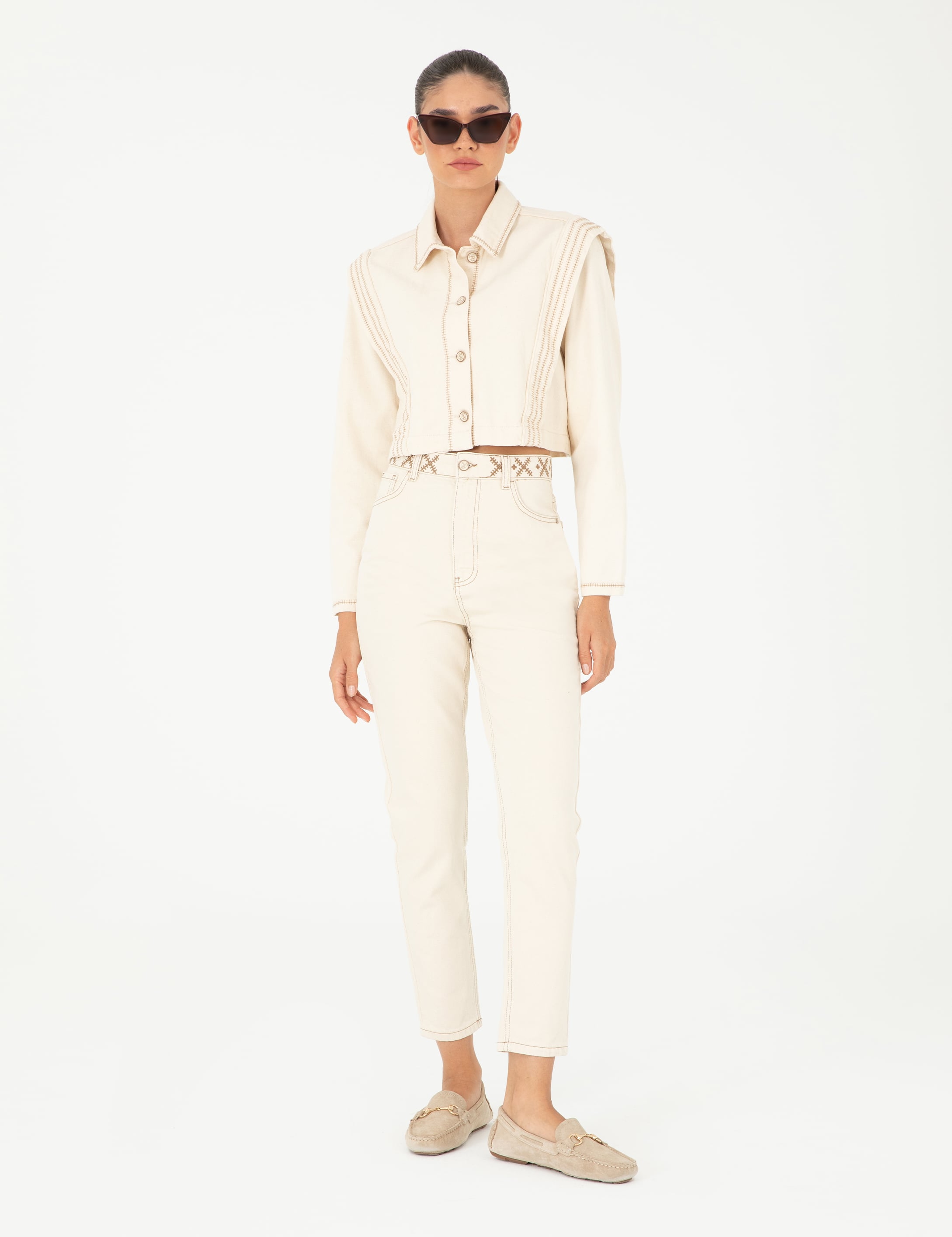 Ekru Mom High Waist Fit Jean Pantolon