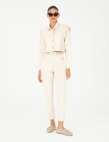 Ekru Mom High Waist Fit Jean Pantolon