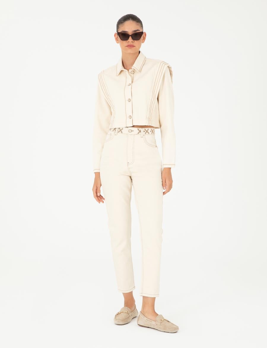 Ekru Mom High Waist Fit Jean Pantolon