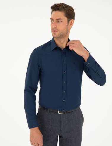 Lacivert Slim Fit Uzun Kollu Gömlek