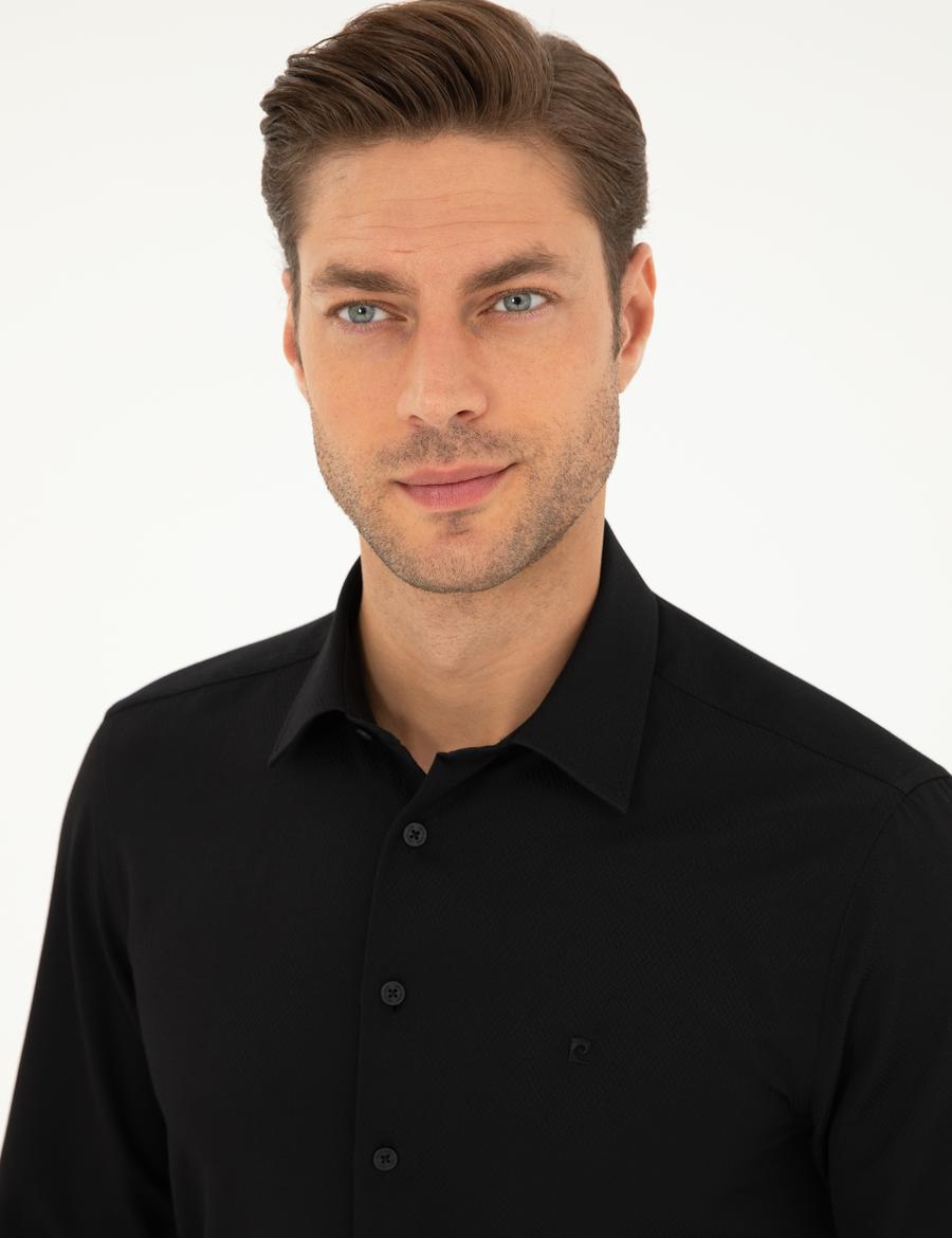 Siyah Armürlü Slim Fit Uzun Kollu Gömlek