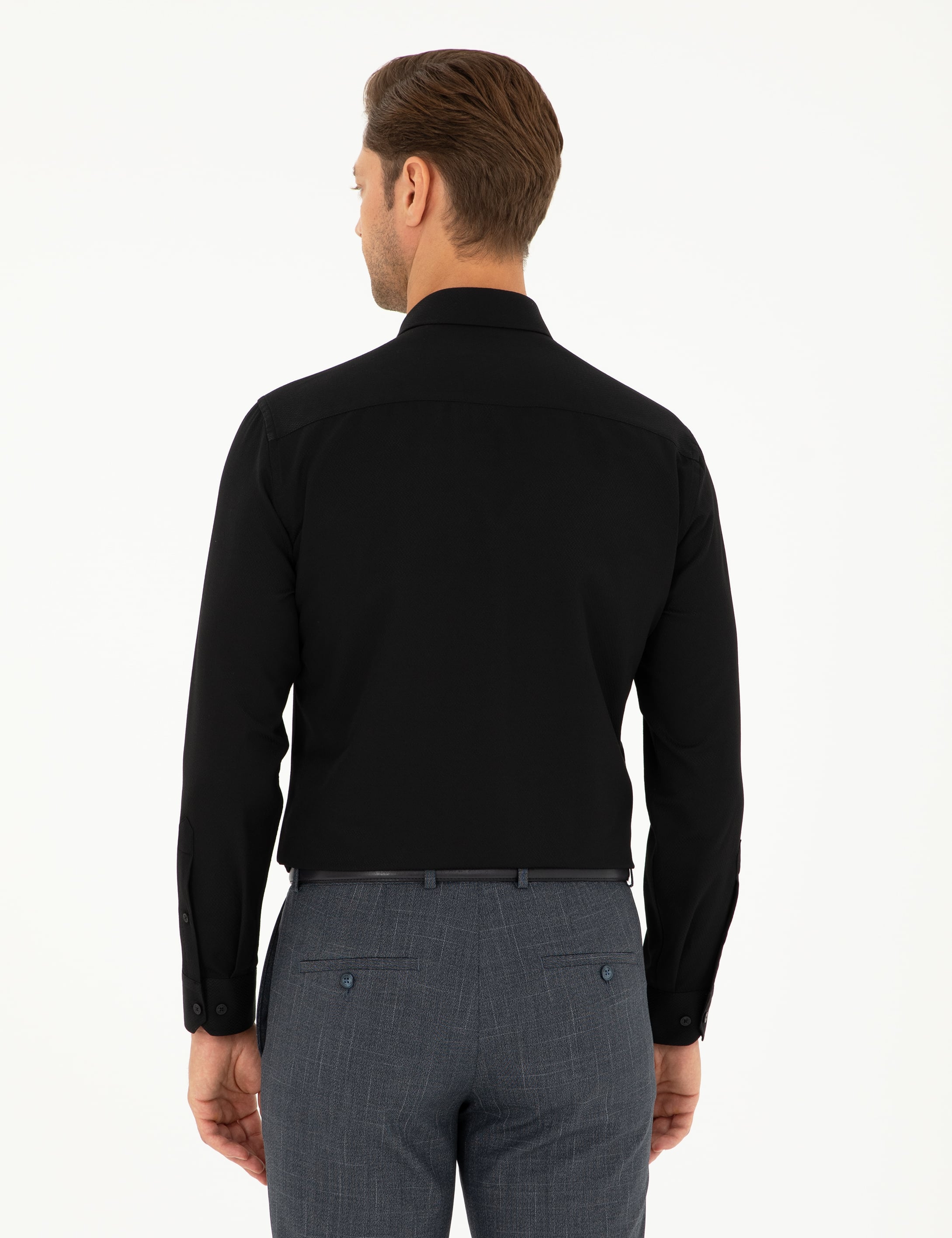 Siyah Armürlü Slim Fit Uzun Kollu Gömlek - Image 5