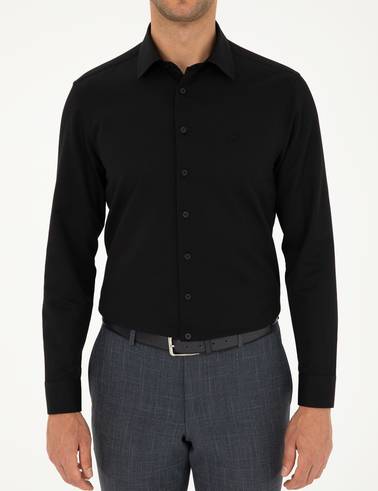 Siyah Armürlü Slim Fit Uzun Kollu Gömlek