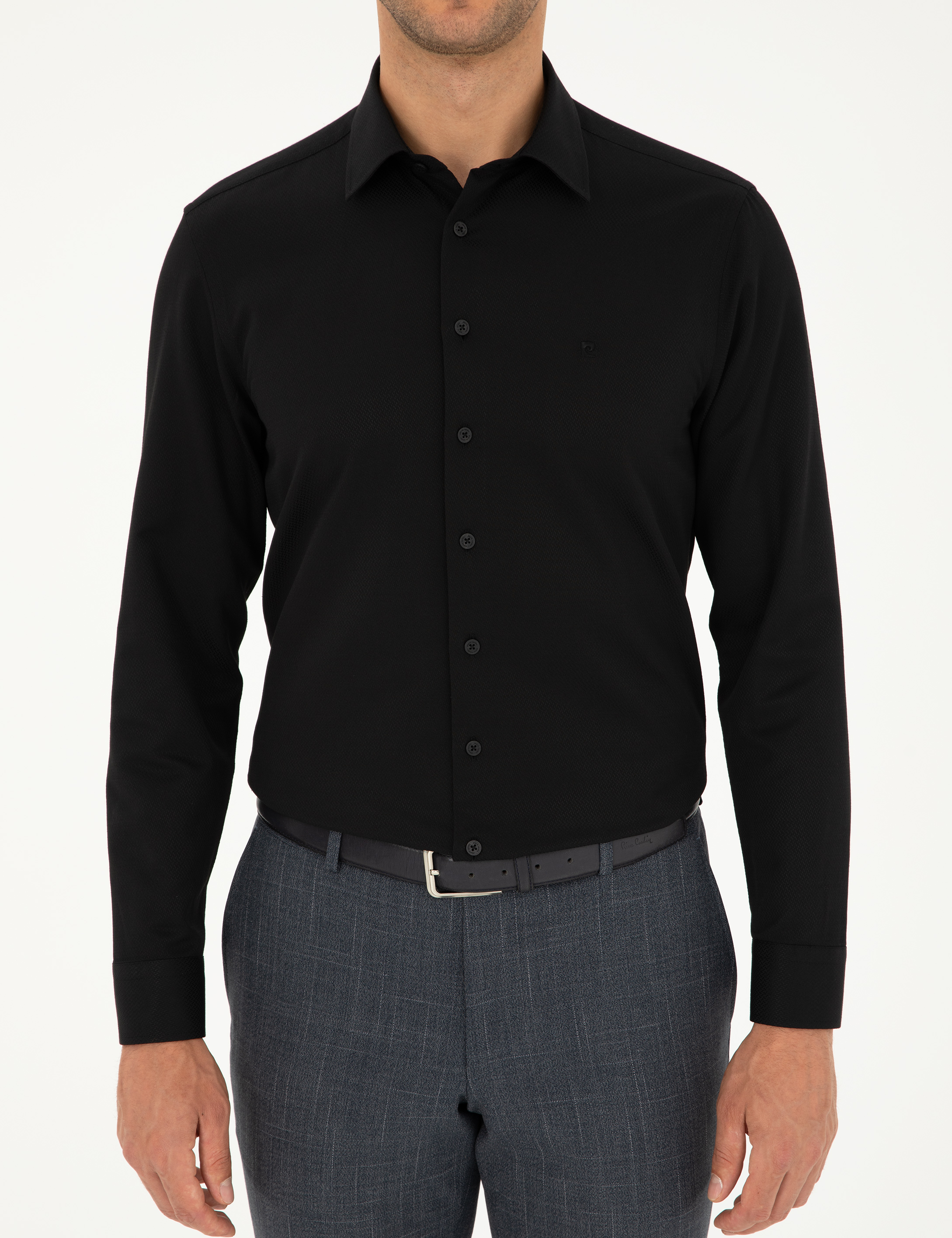 Siyah Armürlü Slim Fit Uzun Kollu Gömlek - Image 6