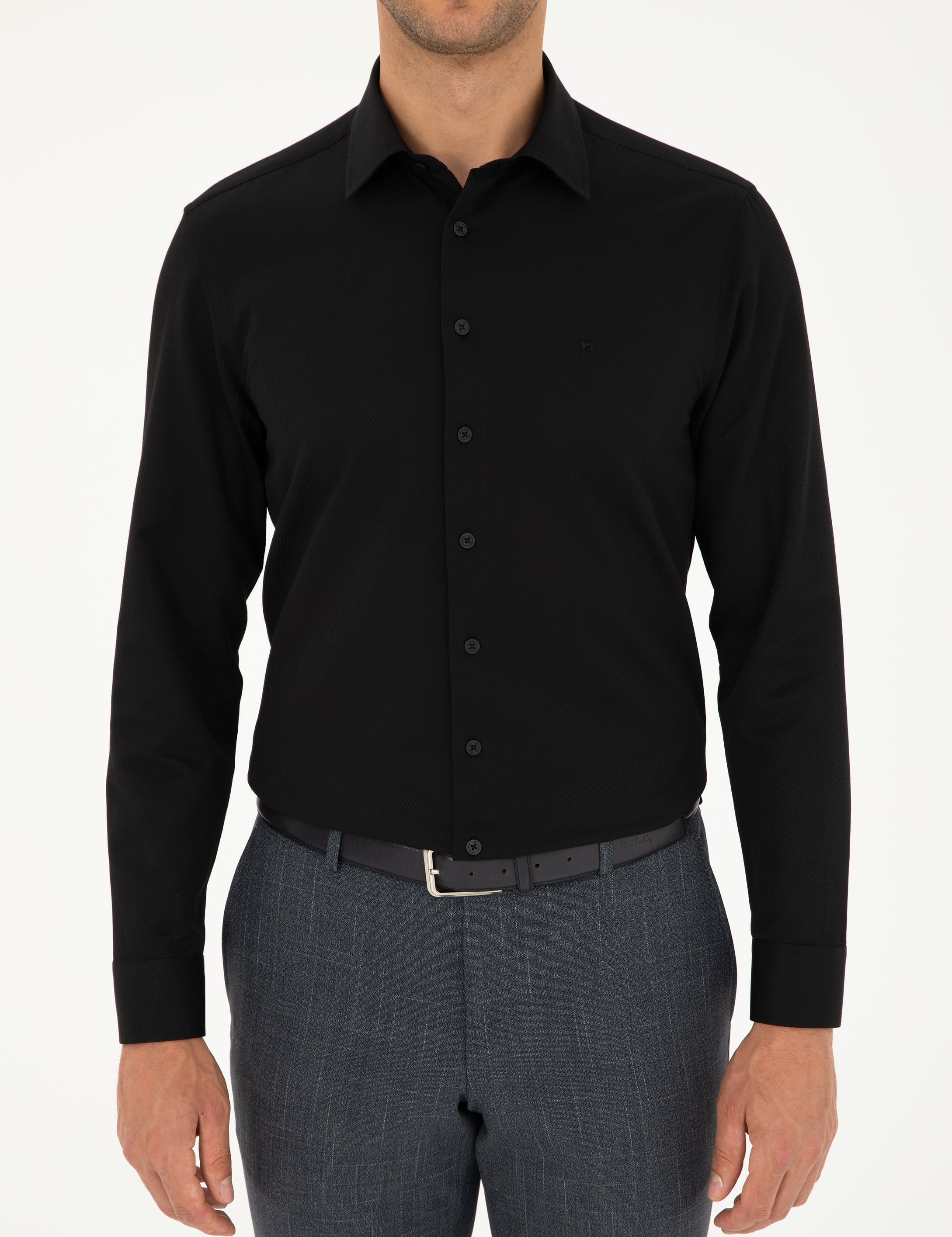 Siyah Armürlü Slim Fit Uzun Kollu Gömlek