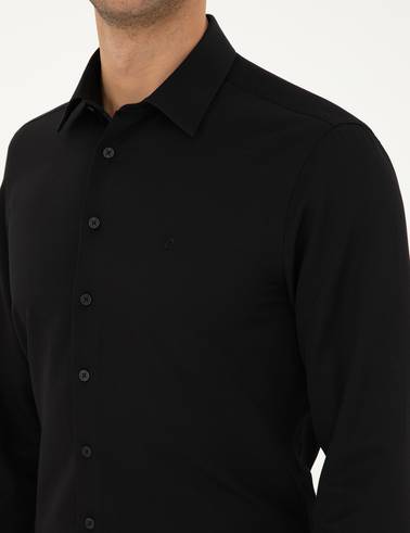 Siyah Armürlü Slim Fit Uzun Kollu Gömlek