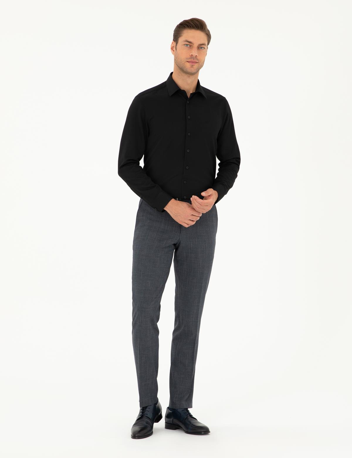 Siyah Armürlü Slim Fit Uzun Kollu Gömlek - 50298040024