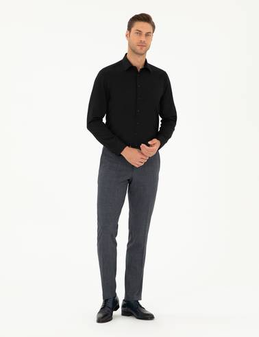 Siyah Armürlü Slim Fit Uzun Kollu Gömlek