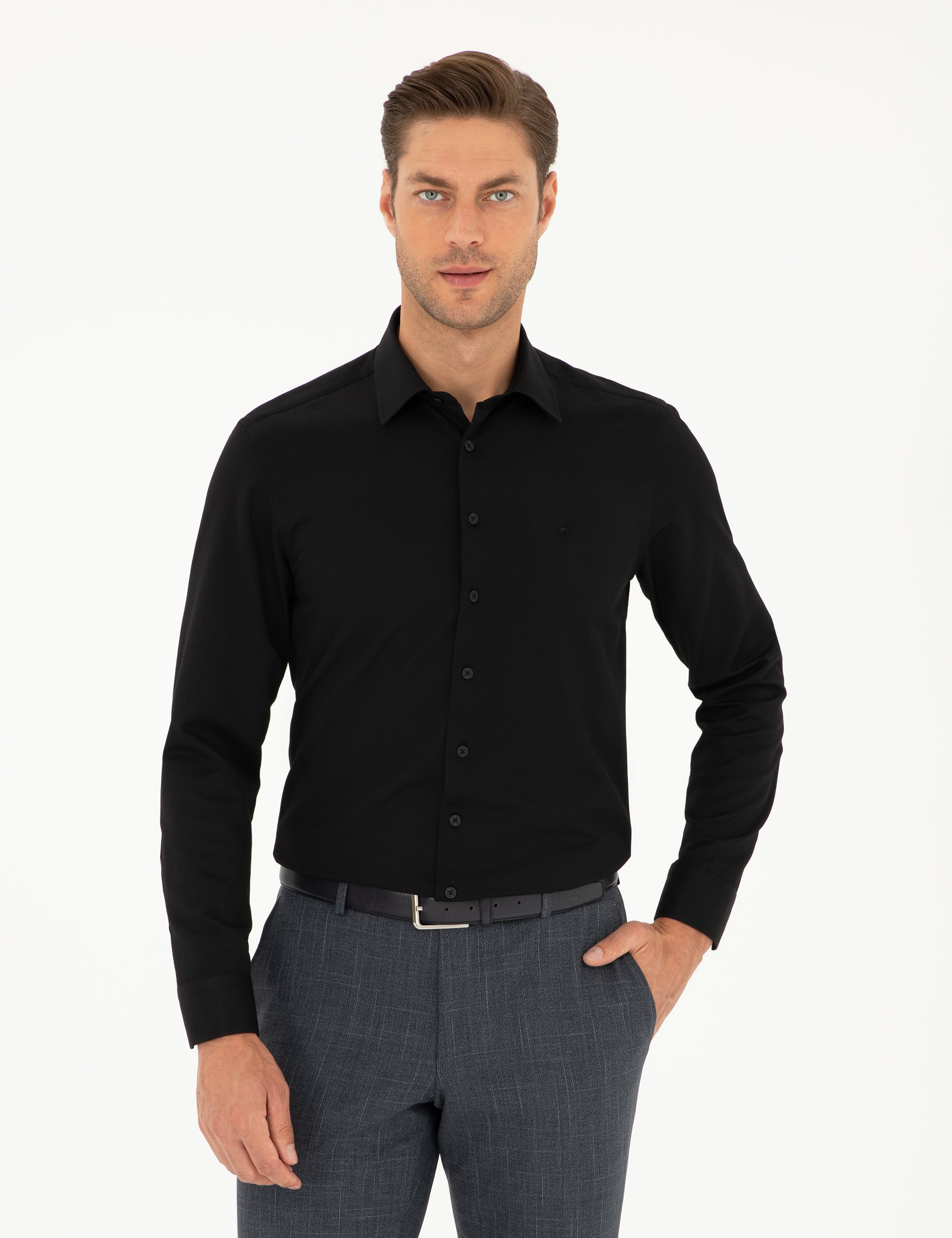 Siyah Armürlü Slim Fit Uzun Kollu Gömlek - Image 1