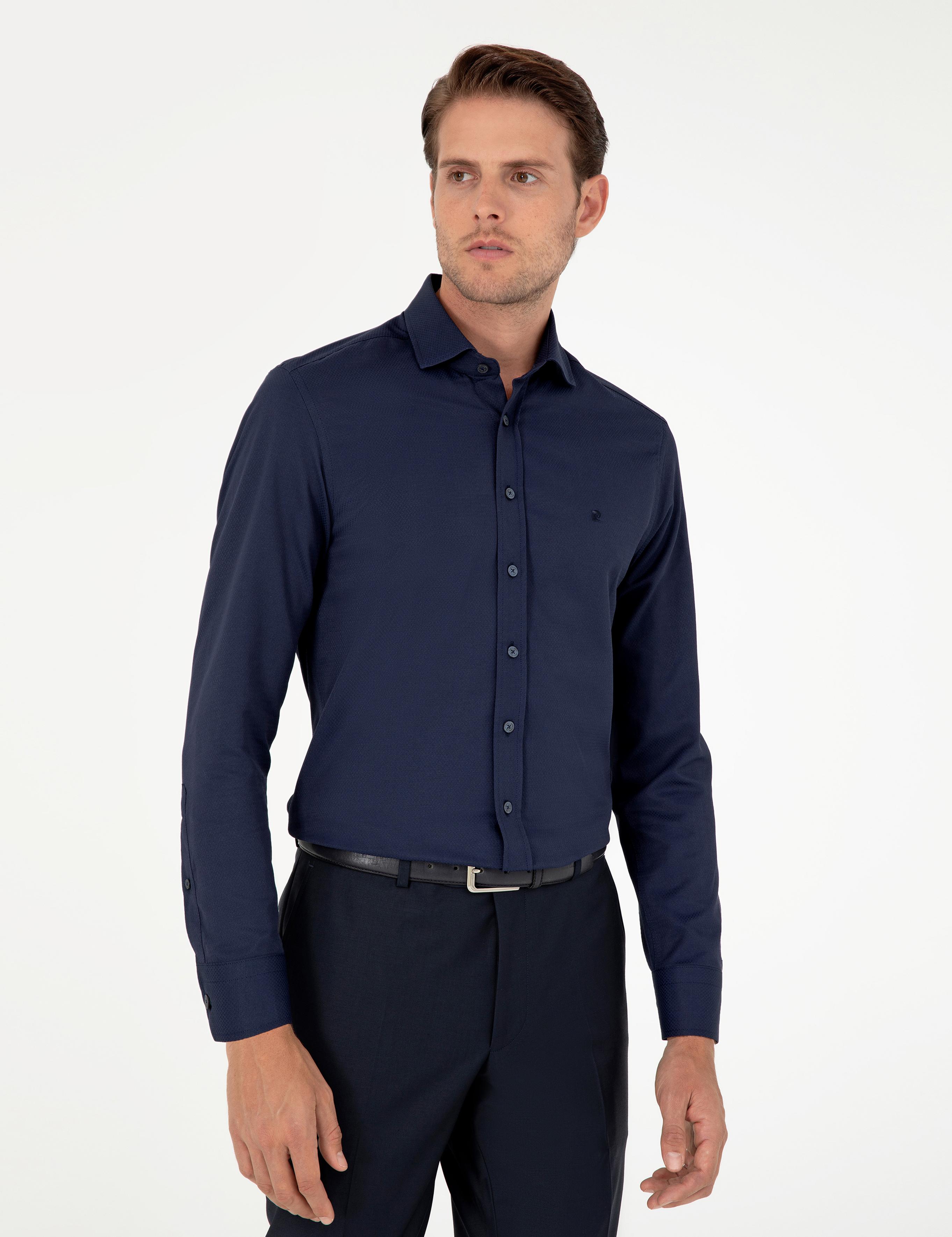 Lacivert Slim Fit Armürlü Uzun Kollu Gömlek