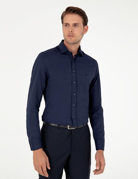 Lacivert Slim Fit Armürlü Uzun Kollu Gömlek - 50289415010