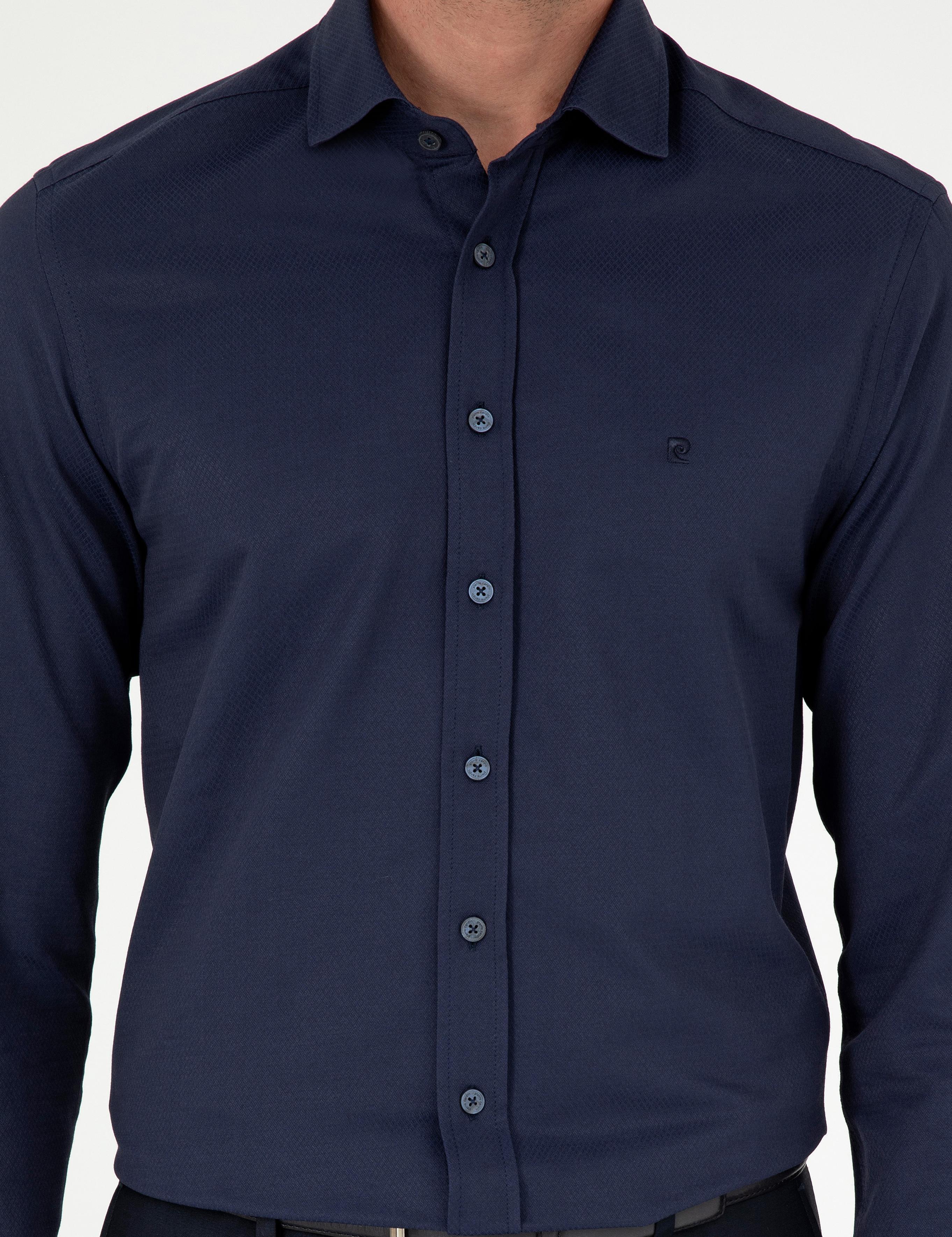 Lacivert Slim Fit Armürlü Uzun Kollu Gömlek