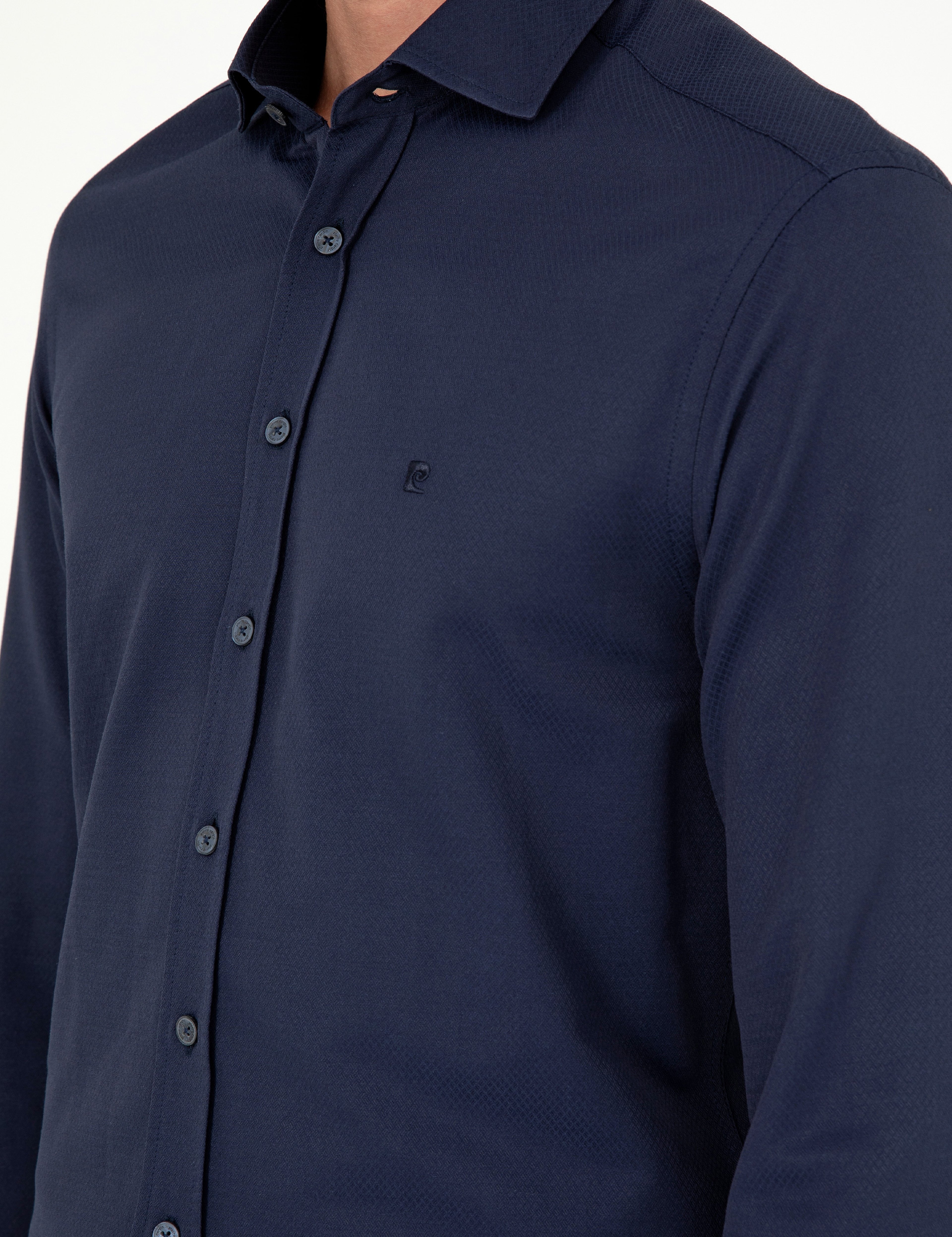 Lacivert Slim Fit Armürlü Uzun Kollu Gömlek - Image 7