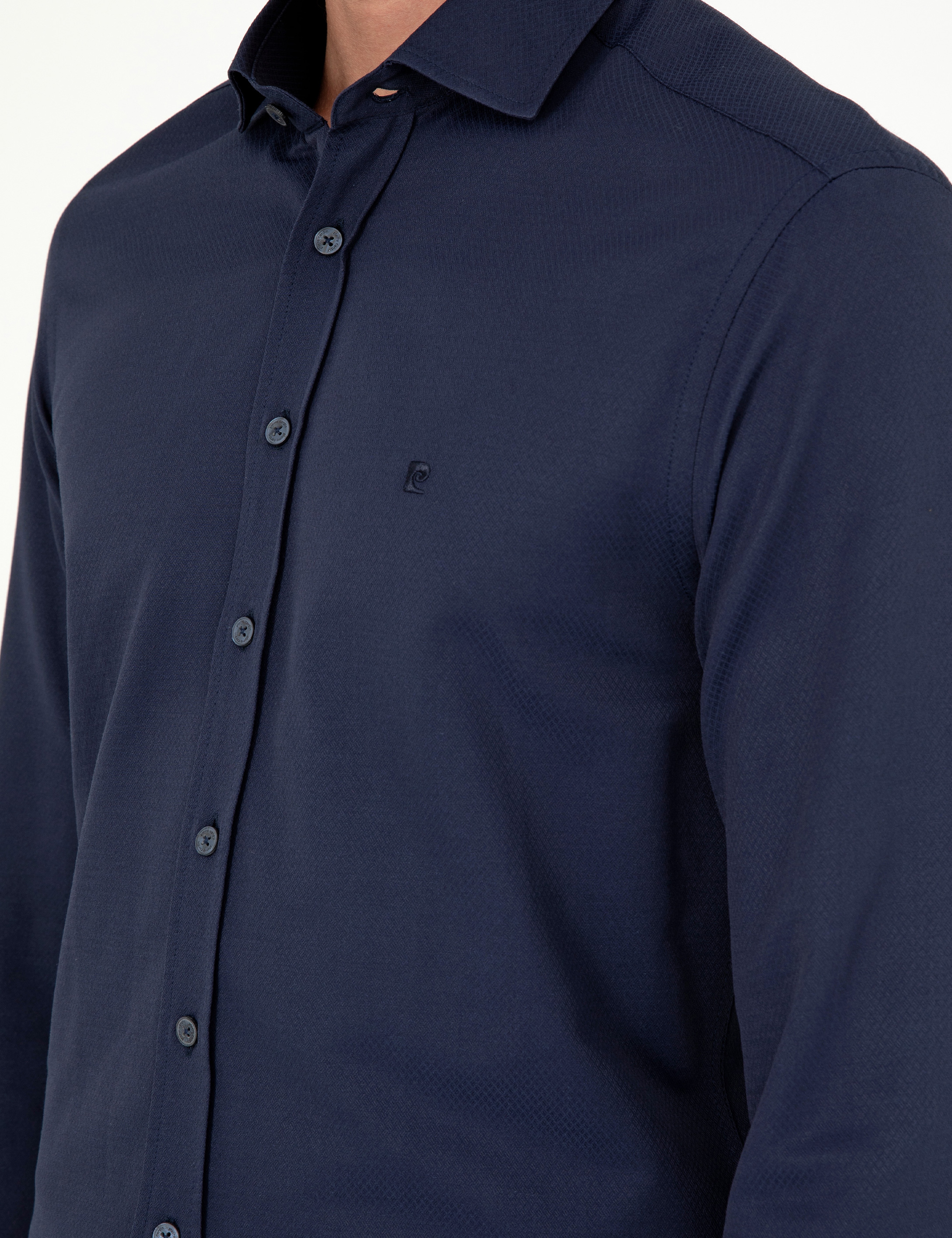 Lacivert Slim Fit Armürlü Uzun Kollu Gömlek