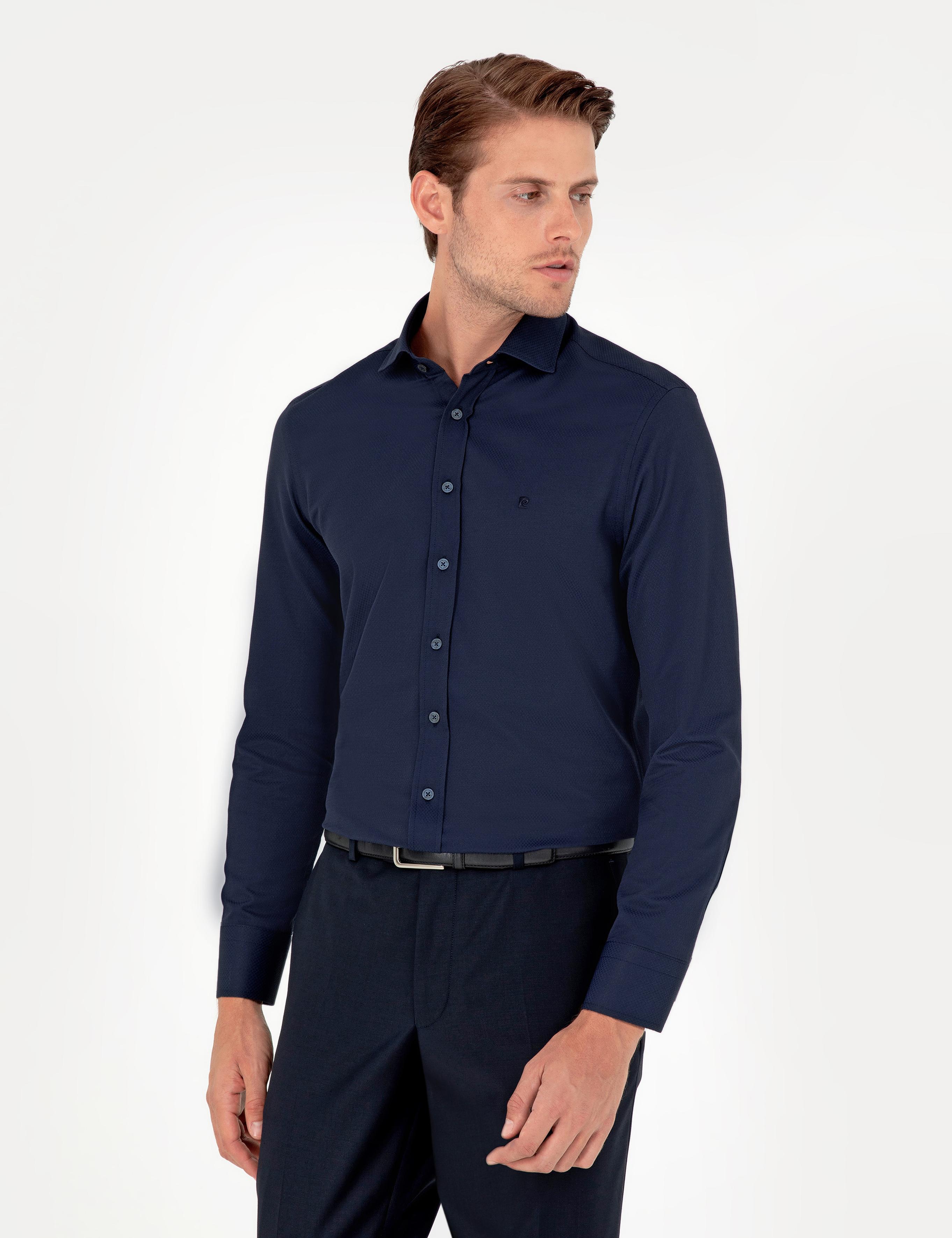 Lacivert Slim Fit Armürlü Uzun Kollu Gömlek