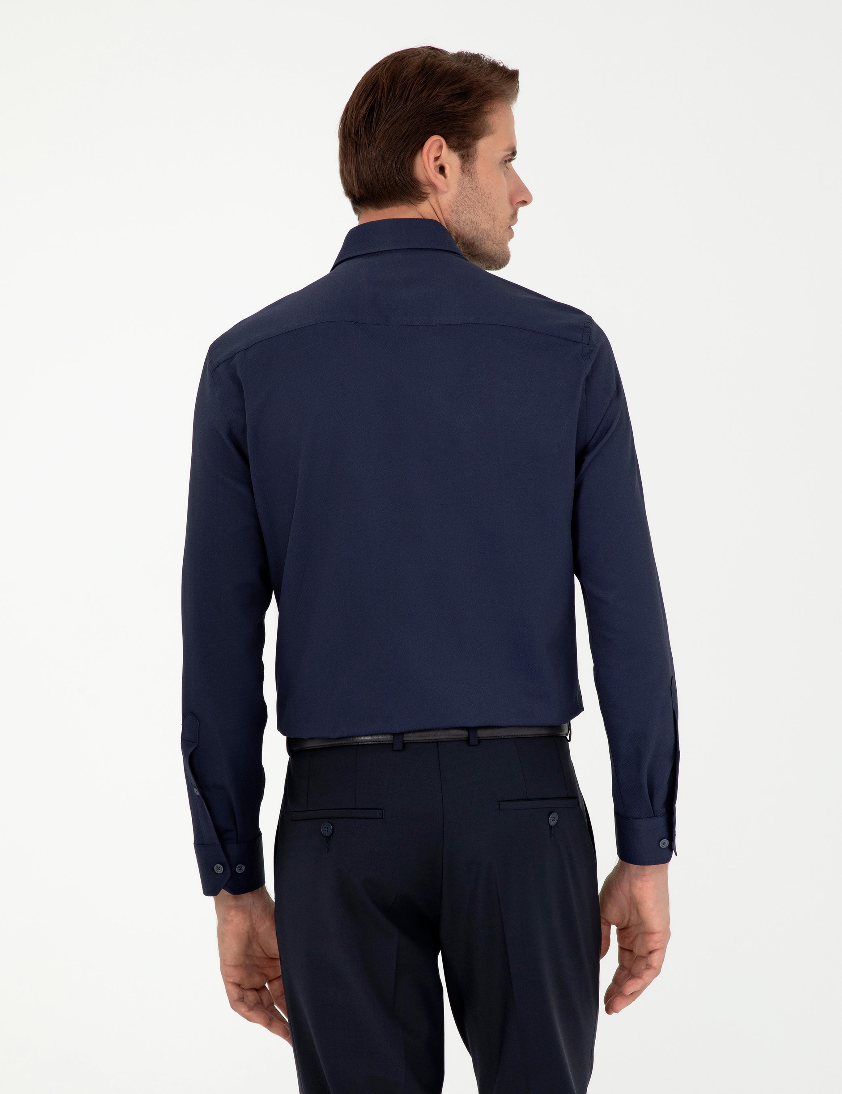 Lacivert Slim Fit Armürlü Uzun Kollu Gömlek